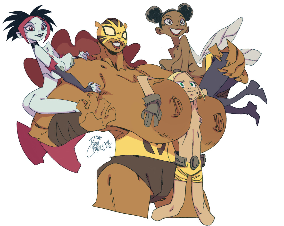 4girls, annoyed, argent (dc), big breasts, breast envy, breasts, bumblebee (dc), dc, dc comics, female, female only, grabbing ass, jealous, karen beecher, masked female, multiple females, multiple girls, pantha, pennicandies, tagme, teen titans, terra (dc), topless