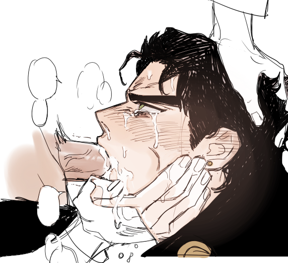 2boys, black hair, blowjob, cheek bulge, cock gobble, crying, cum, cum in mouth, cum on face, dubious consent, earring, erection, face fucking, fellatio, forced fellatio, forced oral, gay, giving head, going down on, hair grab, irrumatio, jojo's bizarre adventure, jotaro kujo, knob polishing, male, male only, mostly offscreen character, mouthful, oral, orgasm from oral, pants down, penis, penis in mouth, pierced ear, questionable consent, stardust crusaders, sucking off, tears, topless, veiny penis, yaoi, ziguck