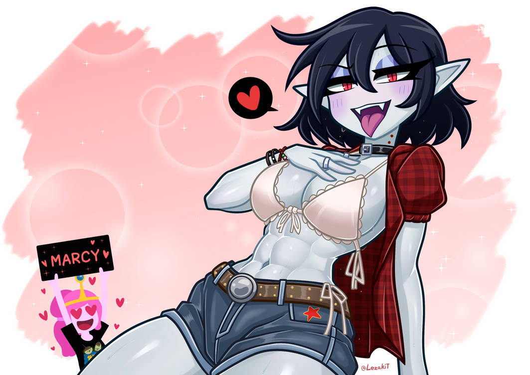 2girls, abs, adventure time, big breasts, bikini top, black hair, breasts, canon couple, cosplay, denim, denim shorts, female, female only, gingham, grey skin, jean shorts, kwon eun-bi, kwon eun-bi (cosplay), large breasts, lezaki-thefatlizard, marceline, multiple females, multiple girls, open shirt, princess bubblegum, red eyes, short hair, shortshorts, vampire, vampire girl, waterbomb
