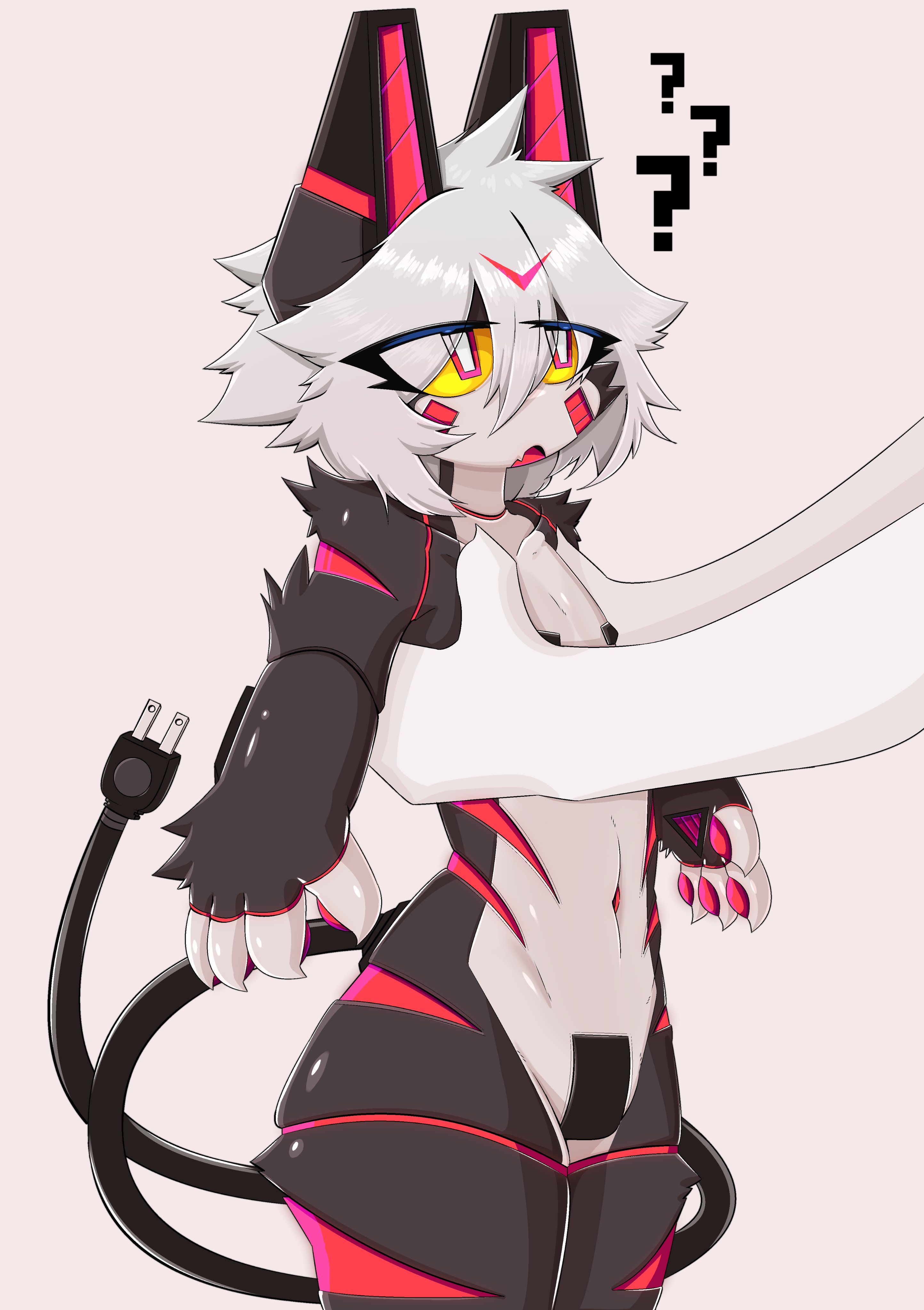 4 fingers, absurd res, anthro, arm markings, arm tuft, black body, black fur, claws, collarbone, cord tail, cute fangs, duo, ear markings, eye through hair, eyebrow through hair, eyebrows, facial markings, facial tuft, fangs, finger claws, fingers, fur, gaogomon, glistening, glistening body, hair, hand tuft, head markings, hi res, leg markings, leg tuft, looking at another, male, markings, navel, offscreen character, open mouth, pawpads, power cord, question mark, red eyes, red inner ear, red markings, red pawpads, shoulder tuft, simple background, size difference, teeth, thick thighs, translucent, translucent hair, tuft, white background, white body, white hair, yellow sclera