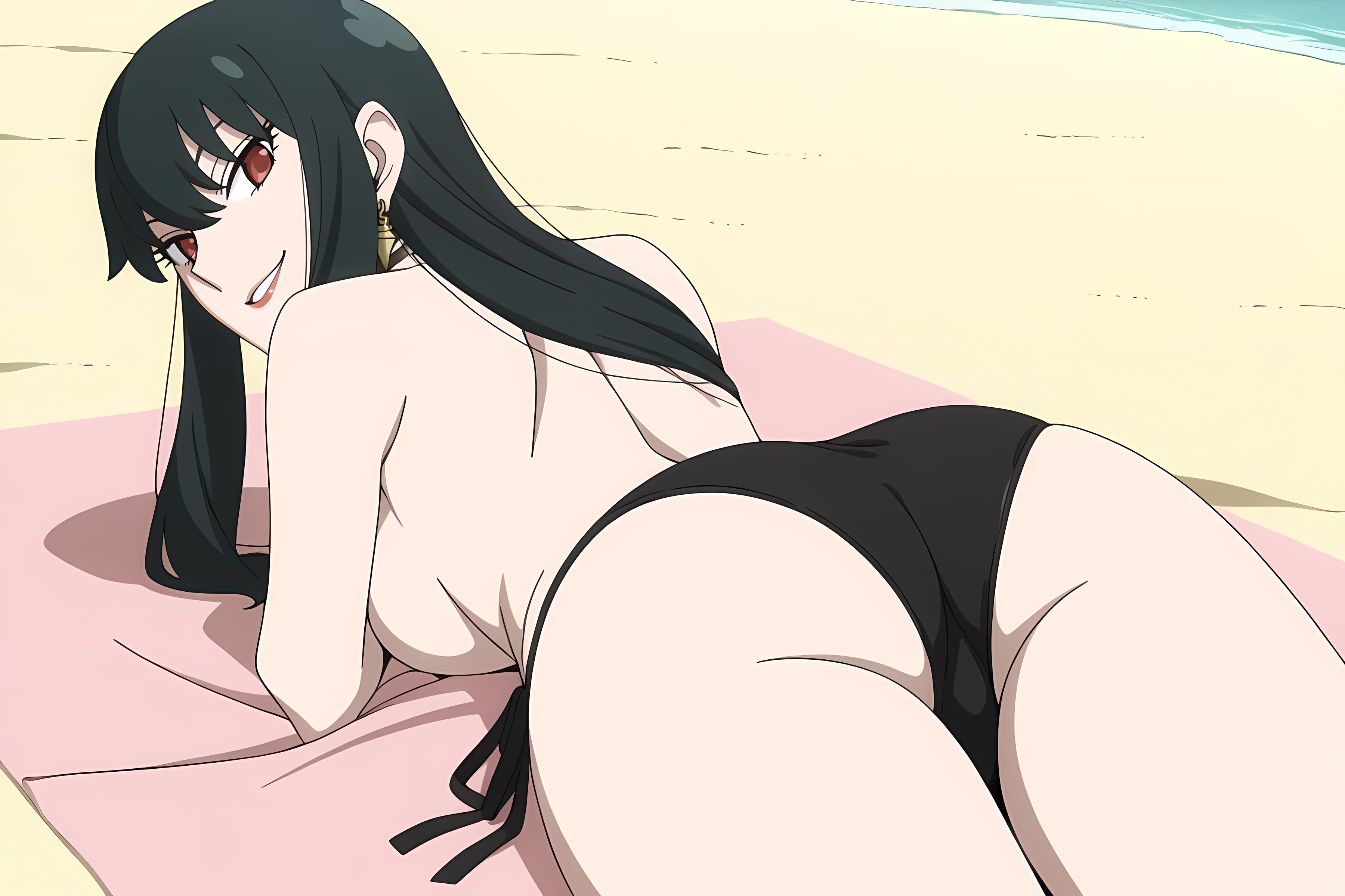 ai generated, alone, ass, beach, beach towel, bikini bottom, boobs, breasts, daytime, female, female only, laying down, laying on stomach, looking at viewer, pinku.ai, rear view, sand, sideboob, smirk, spy x family, topless, topless female, yor briar