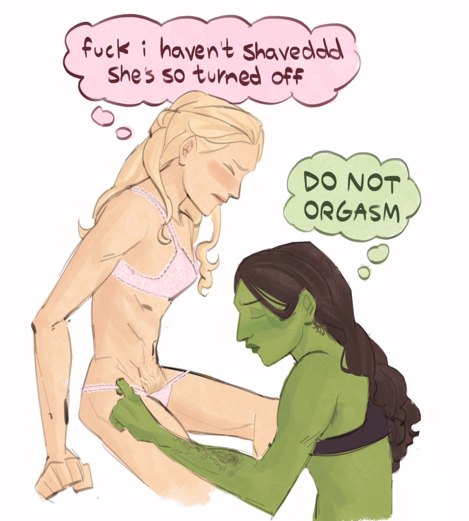 2girls, arm hair, black bra, black hair, blonde hair, blush, bra, breasts, closed eyes, color, curly hair, dialogue, elphaba, elphaba thropp, embarrassed, english text, fanon couple, female, female pubic hair, floral print, glinda, goatedsaminator, good witch of the north, humor, imminent cunnilingus, imminent oral, imminent sex, lace trim, lace-trimmed bra, lace-trimmed panties, lipstick, long hair, nervous, panties, partially clothed, pink bra, pink lipstick, pink panties, pointy ears, pubic hair, removing panties, romantic, romantic couple, sitting, the wizard of oz, thought bubble, tied hair, underwear only, undressing another, white background, wholesome, wicked, wicked witch of the west, yuri