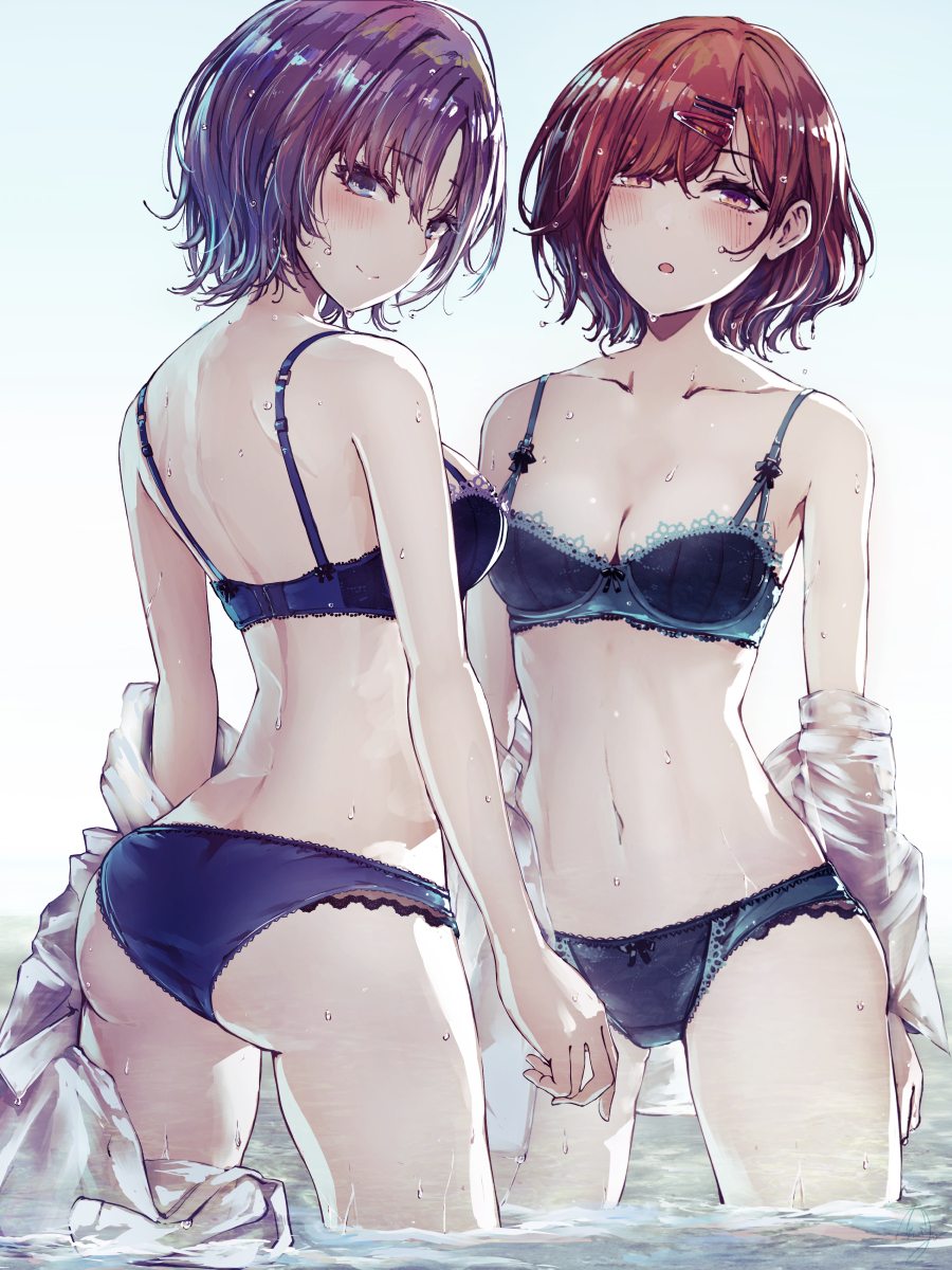 armpit crease, asakura toru, ass, back, bare arms, bare belly, bare legs, bare shoulders, bare thighs, belly button, blue bra, blue eyes, blue panties, blush, bow panties, bra, breasts, brown hair, cleavage, closed mouth, collarbone, female, hairclip, half-closed eyes, higuchi madoka, idolmaster, idolmaster shiny colors, lace-trimmed bra, lace-trimmed panties, medium breasts, minyom, mole, mole under eye, open shirt, panties, parted lips, purple eyes, purple hair, short hair, shoulder blades, small breasts, smile, thighs, underwear, underwear only, unworn shirt, wading, water, wet body, wet hair