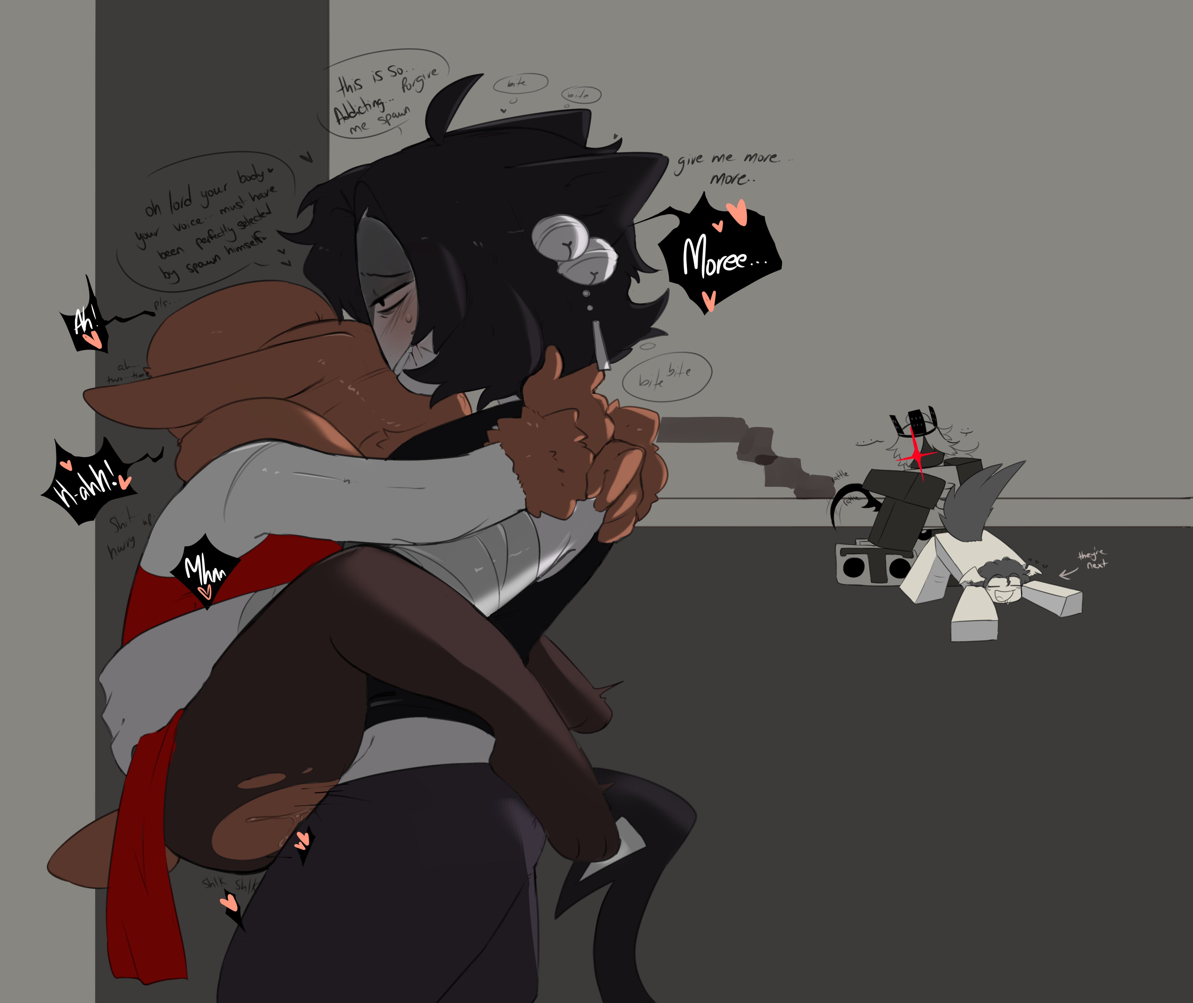 1x1x1x1, 2male, 2others, ambiguous gender, animal tail, asking for more, background characters, blocky body, blush, clovii nsfw, female, female gubby, forsaken (roblox), gubby, heart, kitty cat two time, male, moaning, nonbinary, official alternate costume, original character, parlor gubby, pussy, ripped clothing, roblox, roblox game, robloxian, shedletsky, stand and carry position, sweat, tagme, two time, two time (forsaken), vaginal penetration