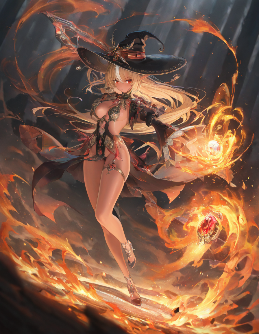 1girls ai_generated bare_legs blonde_hair fire fireball high_heels hololive large_breasts large_hat long_hair red_eyes revealing_clothes shiranui_flare thighs virtual_youtuber wide_hips witch_hat
