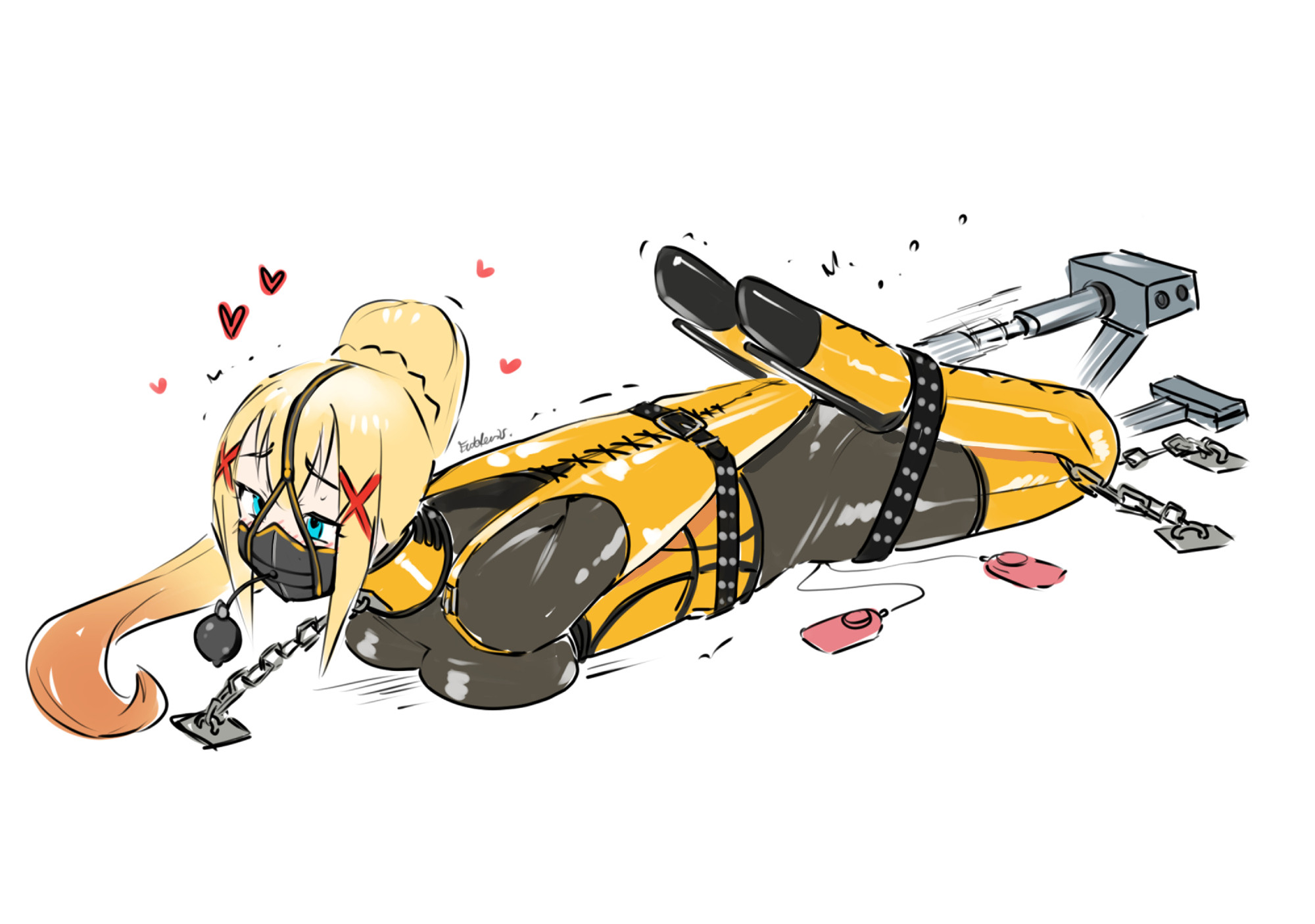 armbinder, ballet boots, ballet heels, bdsm outfit, big breasts, blush, bondage, bound, bound arms, bound legs, breasts, bullet vibrator, chained to floor, chains, collar, corset, darkness (konosuba), eudetenis, female, female only, femsub, fucking machine, gag, gagged, harness muzzle gag, high heels, hogtie, inflatable gag, kono subarashii sekai ni shukufuku wo!, latex, latex suit, muzzle gag, pussy, sex machine, sex toy, shiny clothes, solo, stationary restraints, tight clothing, very high heels, vibrator, vibrator in pussy