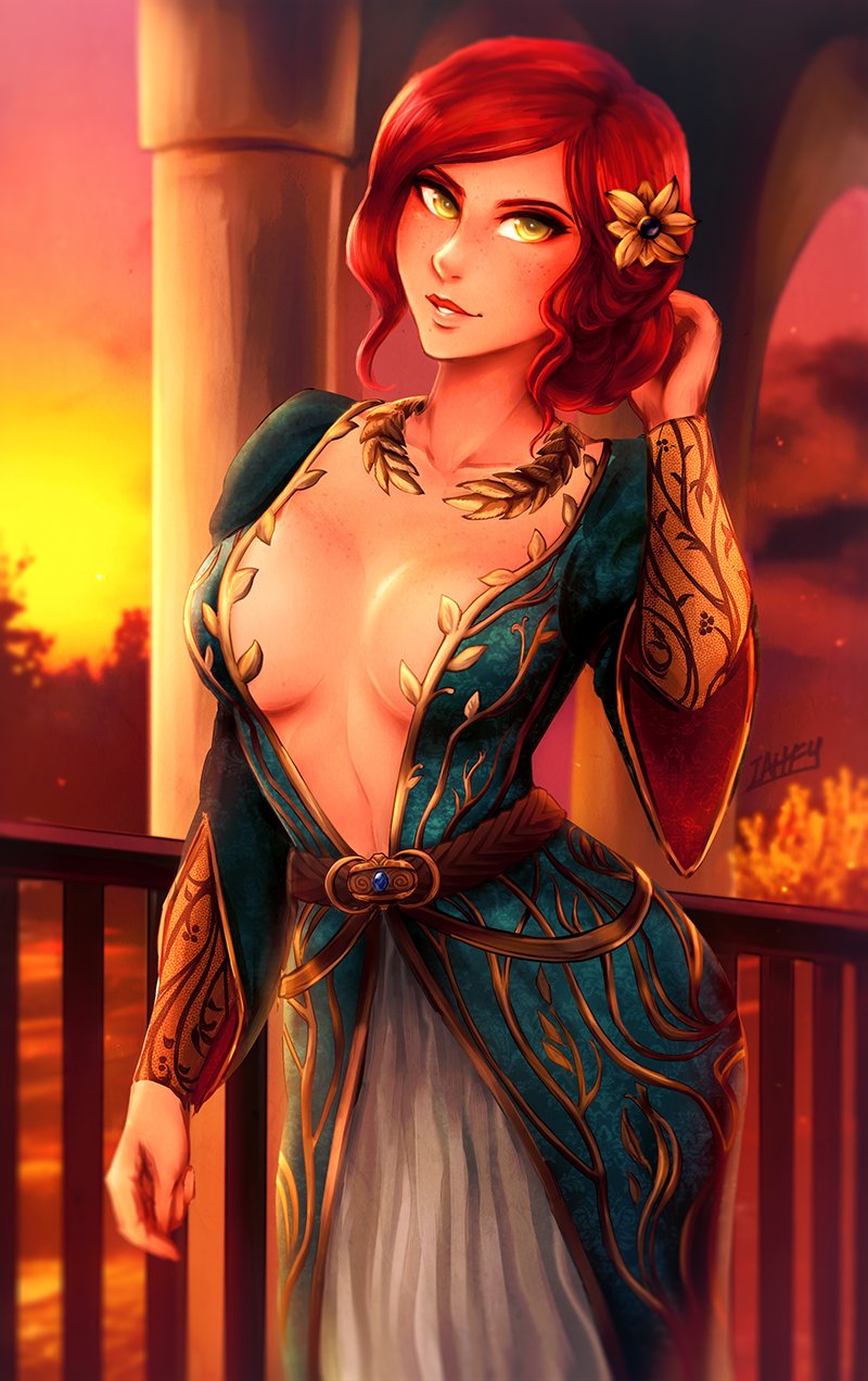 1girls, breasts, cd projekt red, cleavage, female, female only, iahfy, looking at viewer, solo, the witcher, the witcher (series), the witcher 2, the witcher 3: wild hunt, triss merigold