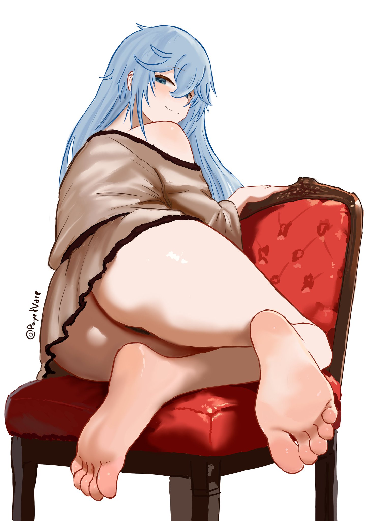 ass, back view, barefoot, big ass, big breasts, big butt, big thighs, blue hair, breasts, clothing, curvaceous, curvaceous female, curvaceous figure, curvy, curvy figure, curvy hips, feet, feet focus, female, female focus, female only, foot fetish, long hair, looking at viewer, original, original character, payetvore, sitting on chair, soles