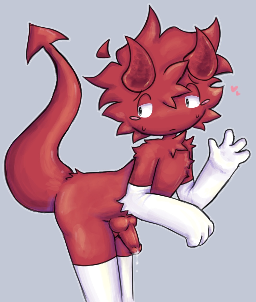 2d, 2d (artwork), aged up, ahoge, arm warmers, bent over, c00lkidd, c00lkidd (forsaken), cub, demon, demon horns, demon tail, forsaken (roblox), knot, knotted penis, leaking, leaking cum, leaking penis, male, nervous, nervous expression, nervous sweat, penis, precum, precum on penis, precum string, red fur, red hair, red skin, roblox, roblox game, robloxian, scared expression, self upload, thigh highs, thighhighs, white gloves, white socks