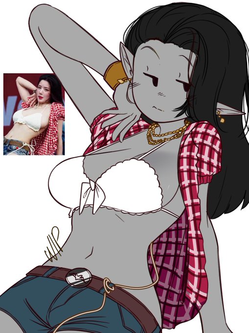1girls, adventure time, bikini top, black hair, breasts, cosplay, denim, denim shorts, female, female only, gingham, grey skin, jean shorts, kwon eun-bi, kwon eun-bi (cosplay), marceline, medium breasts, open shirt, real person, reference image, usmangaa, waterbomb