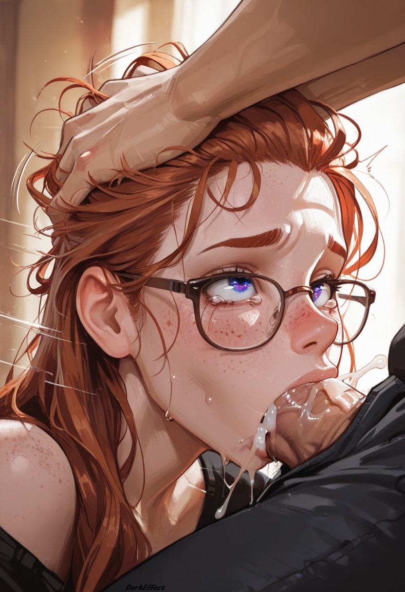 1boy1girl ai_generated blowjob blowjob_face blush close-up cum cum_in_mouth darkeffect deepthroat duo eyes_open fellatio freckles freckles_on_face glasses hand_on_head light-skinned_female light-skinned_male light_skin looking_at_partner looking_up oral oral_sex orange_hair saliva tear tearing_up tears