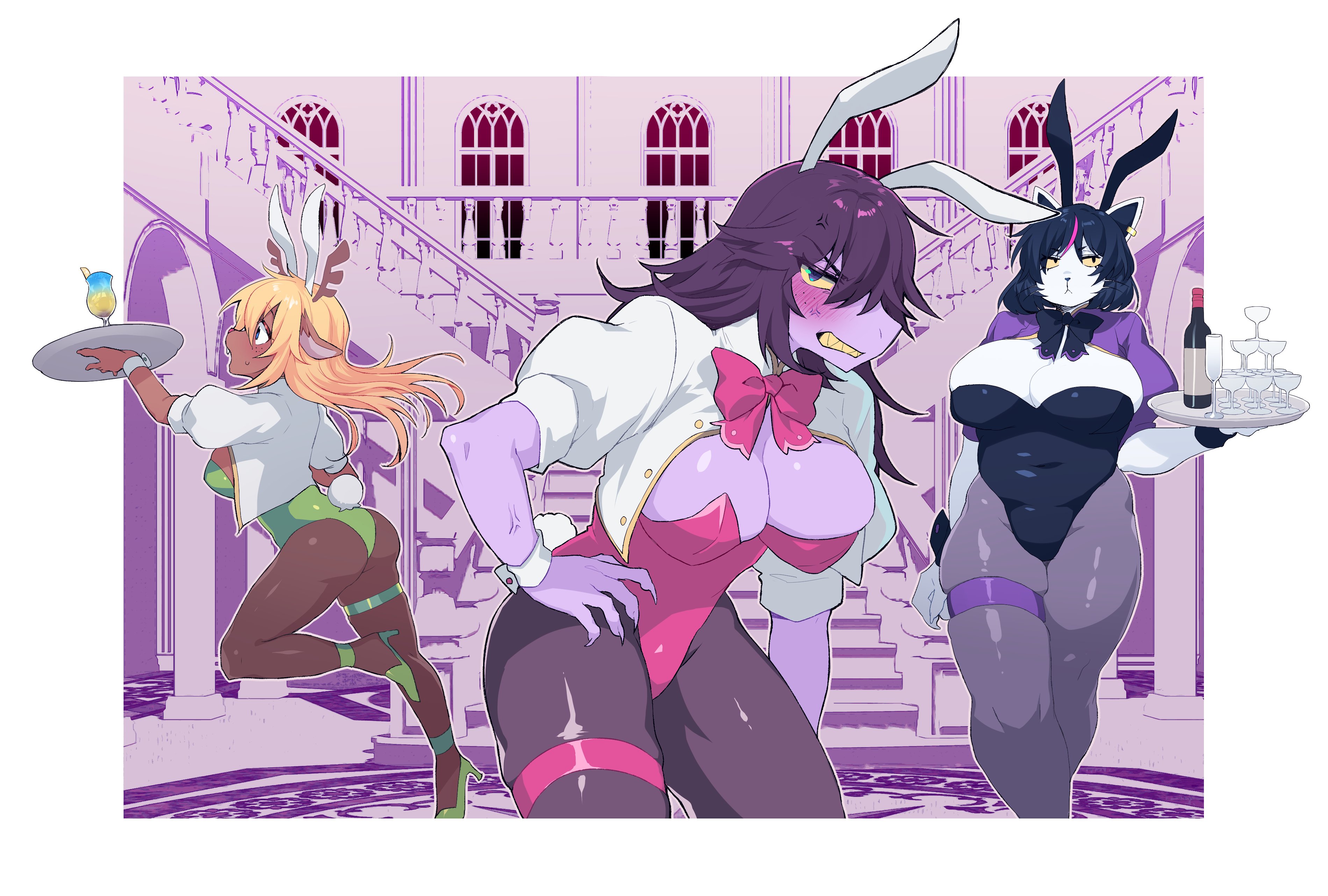3girls, ass, big breasts, blush, boob squish, breasts, bunny ears, bunny girl, bunnysuit, cat ears, cat girl, catgirl, catti (deltarune), catti cattenheimer, chubby female, cleavage, clothing, dark-skinned female, deltarune, embarrassed, embarrassed female, female, female only, hi res, huge breasts, monster girl, multiple females, multiple girls, no humans, noelle holiday, reindeer humanoid, ss komu, susie (deltarune), undertale (series)