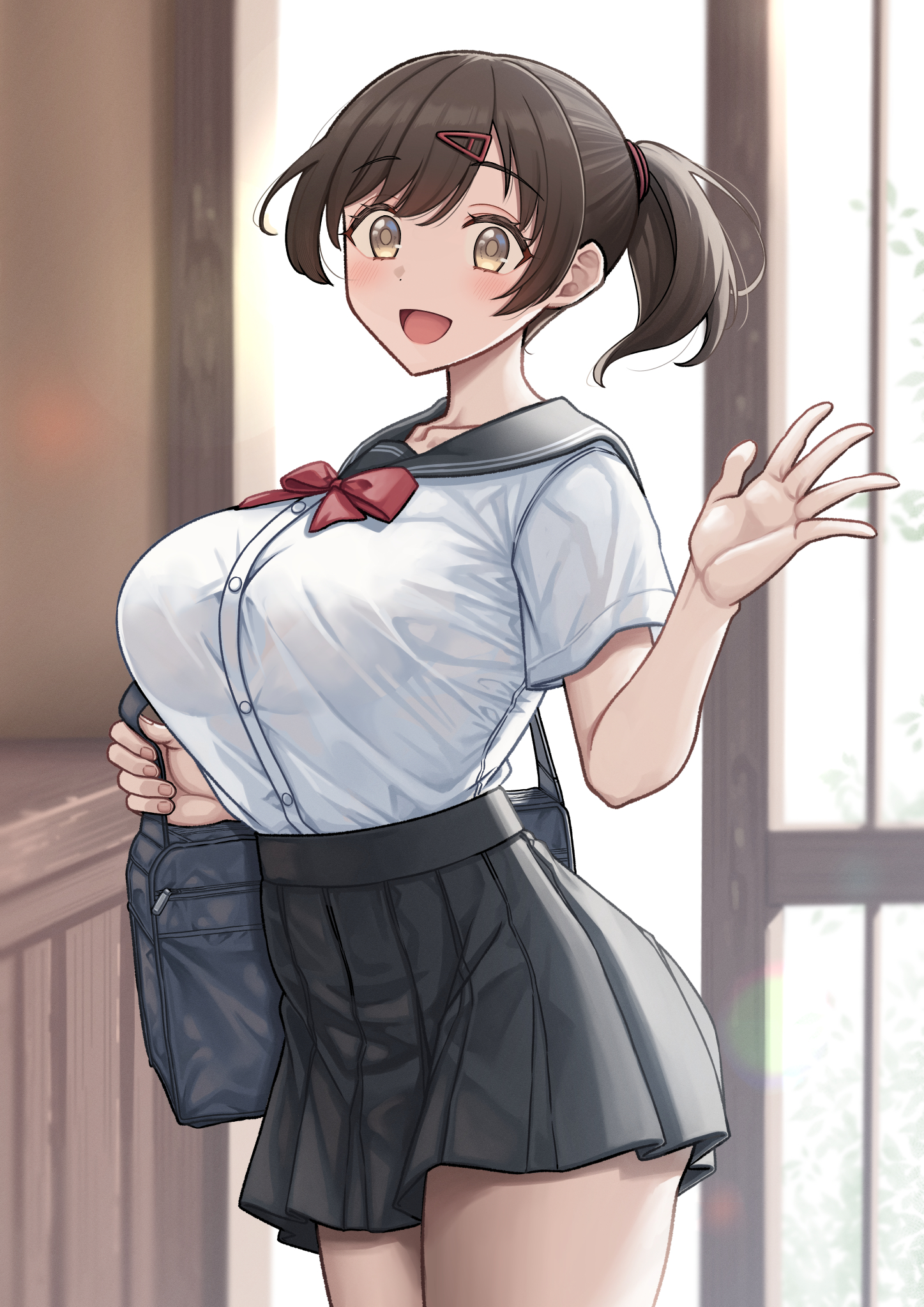 :d, 1girls, aikawa kasumi (temakizushi), bag, black sailor collar, black skirt, bow, bowtie, bra visible through clothes, breasts, buttons, collarbone, commentary request, entrance, female, female only, hand up, highres, large breasts, medium hair, open mouth, original, pleated skirt, ponytail, red bow, red bowtie, sailor collar, school bag, school uniform, see-through, see-through silhouette, serafuku, shirt, short sleeves, skirt, smile, solo, standing, temakizushi (temakizushisand), thighs, waving, white shirt