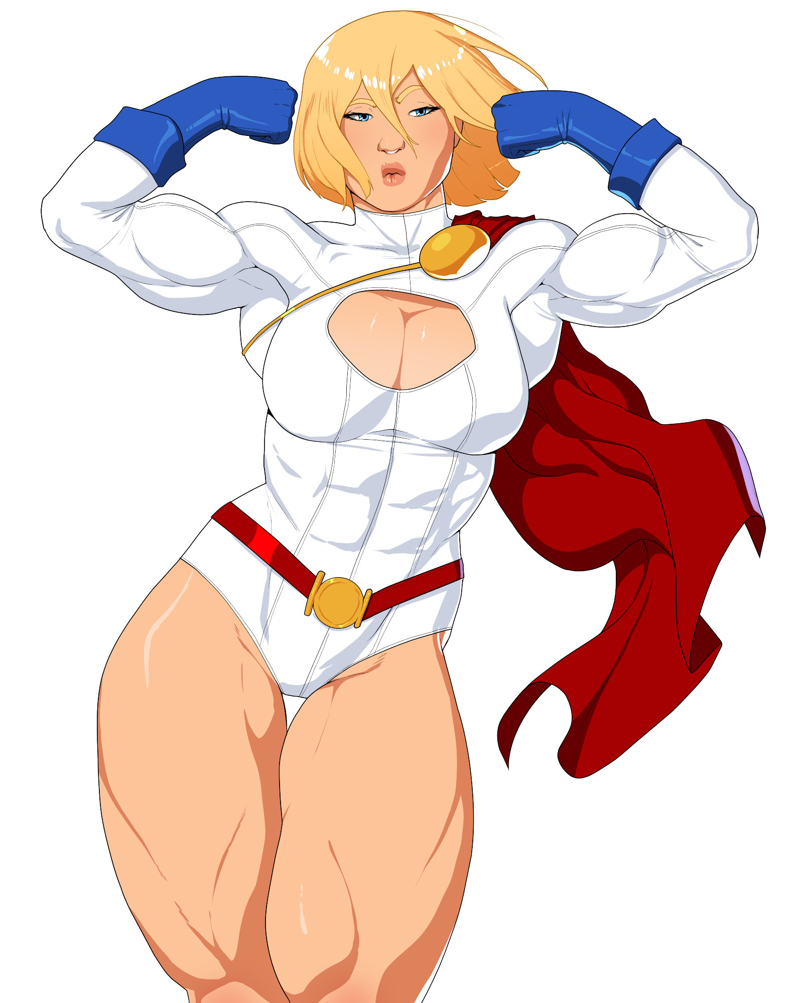 1girls, biceps, blonde hair, bob cut, boob window, breasts, cape, cleavage, dc, dc comics, dylan macri, female, flexing, gloves, karen starr, leotard, light skin, light-skinned female, muscular, muscular female, muscular thighs, power girl, superman (series), thighs, white background
