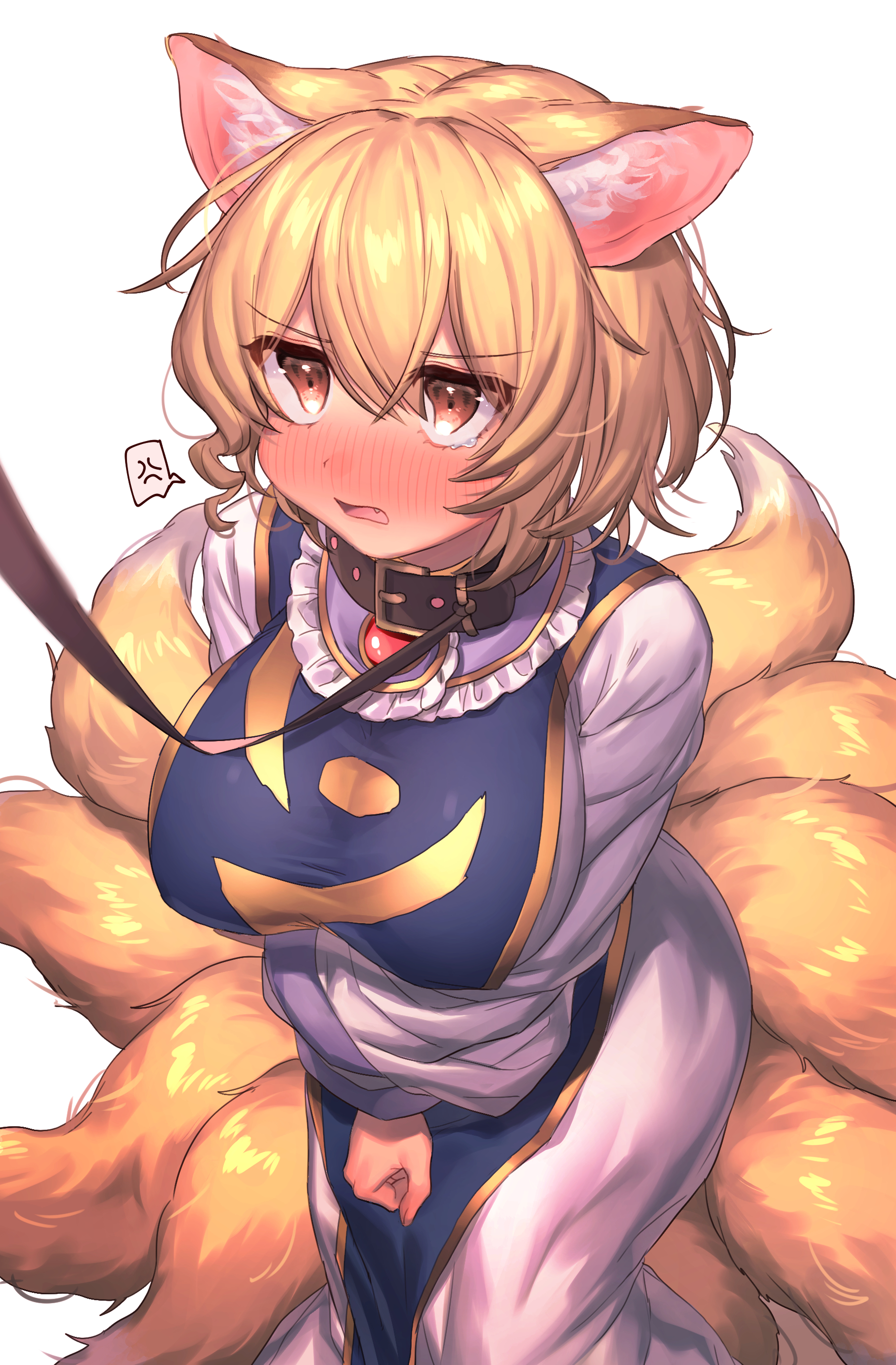 1girls, absurdres, anger vein, animal ear fluff, animal ears, big breasts, black collar, blonde hair, blush, breasts, brown eyes, collar, cowboy shot, cute fang, dress, embarrassed, fang, female, female focus, female only, femsub, fox ears, fox girl, fox tail, frilled shirt collar, frills, hair between eyes, hat, highres, kemonomimi, kitsune, leash, leash and collar, long sleeves, masanaga (tsukasa), multi tail, no headwear, nose blush, open mouth, ran yakumo, rope, short hair, simple background, solo, solo focus, speech bubble, spoken anger vein, standing, tabard, tail, tears, touhou, viewer holding leash, white background, white dress, wide sleeves, yakumo ran, yellow eyes