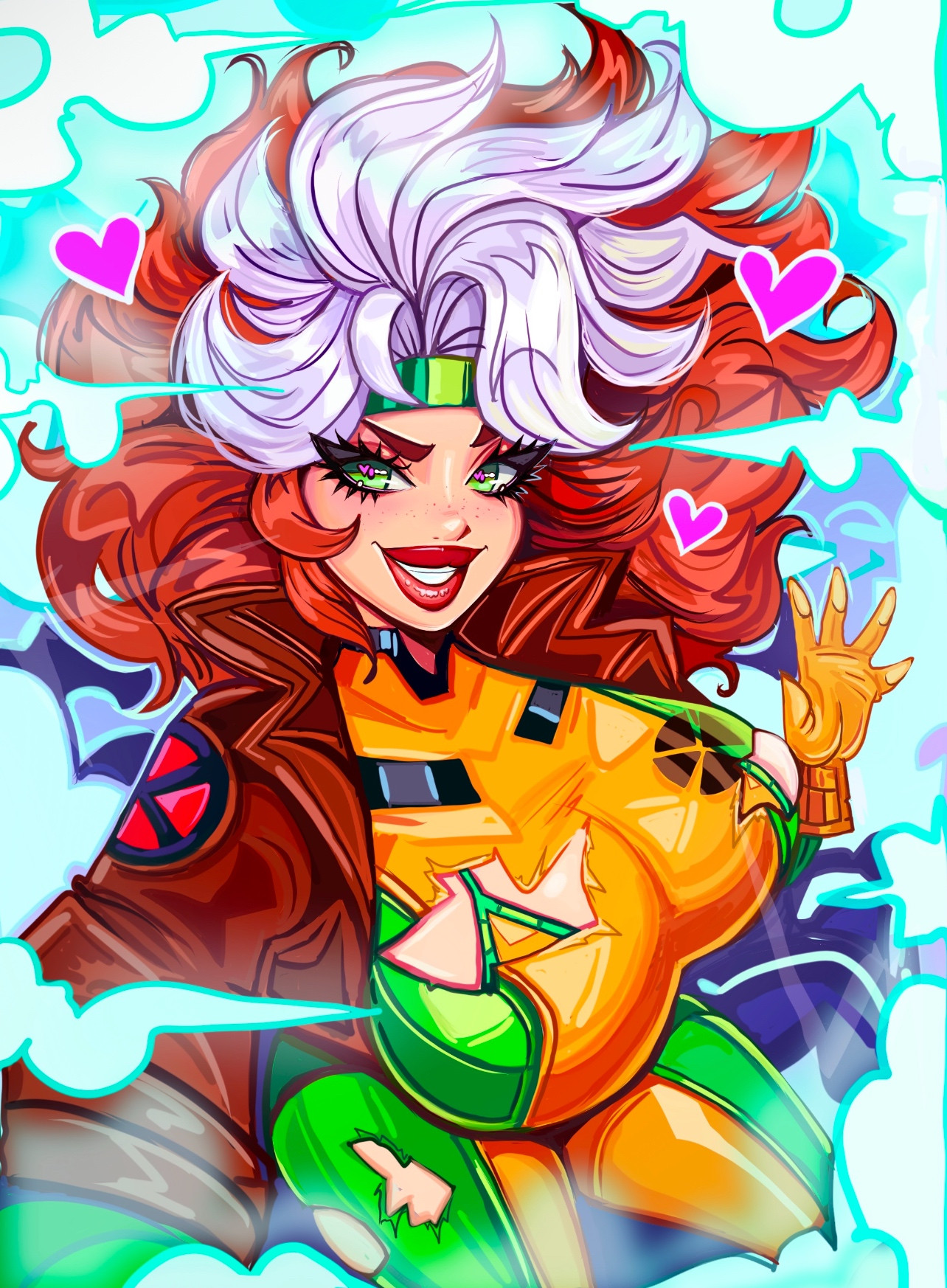 1girls, anna marie, bikini top, bikini under clothes, breasts, brown hair, busty, female, green eyes, headband, huge breasts, jacket, light skin, light-skinned female, marvel, marvel comics, mutant, rogue (x-men), superheroine, theartofmathew, tight clothing, torn clothes, white streak, x-men