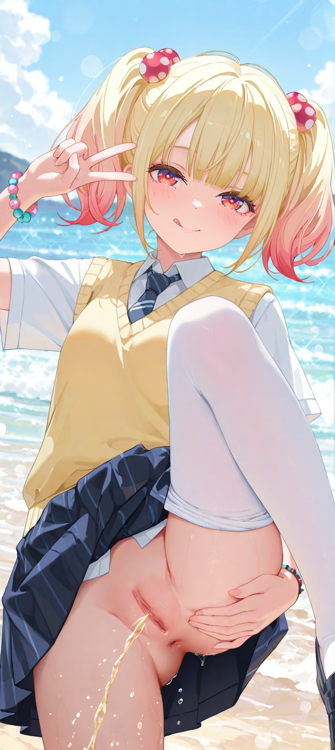 ai_generated anus blush leg_up mieruko-chan niguredou_yuria peace_sign peeing school_uniform tongue