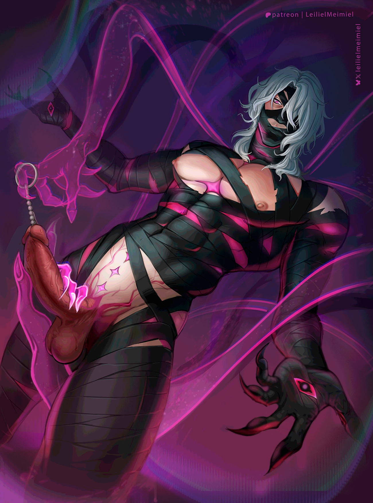 erection, eyes, genshin impact, ghost, ghost hands, handjob, hands-free, inserted penis, inserting, insertion, leilielmeimiel, magenta body, magenta eyes, male, male only, muscles, muscular, muscular male, penis, rerir (genshin impact), silver hair, urethral insertion, urethral penetration