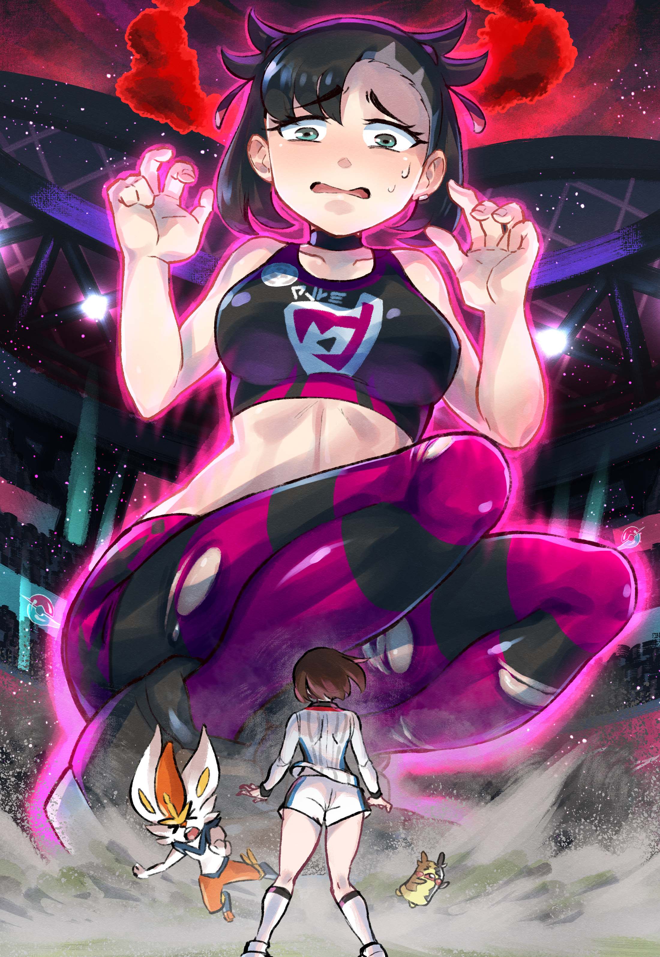 ass, asymmetrical bangs, aura, bare shoulders, black choker, black hair, bob cut, breasts, brown hair, choker, cinderace, crowd, dynamax, dynamax on humans, earrings, earthquake, eyelashes, eyes, female, giantess, gloria (pokemon), gloves, green, gym challenge uniform, hair ribbon, jewelry, macro, marnie (pokemon), midriff, morpeko, navel, open mouth, pokemon, pokemon battle, red clouds, red ribbon, ribbon, scared, shirt, short hair, short twintails, size difference, socks, sports bra, sportswear, squatting, stadium, sweatdrop, thighs, torn clothes, twintails