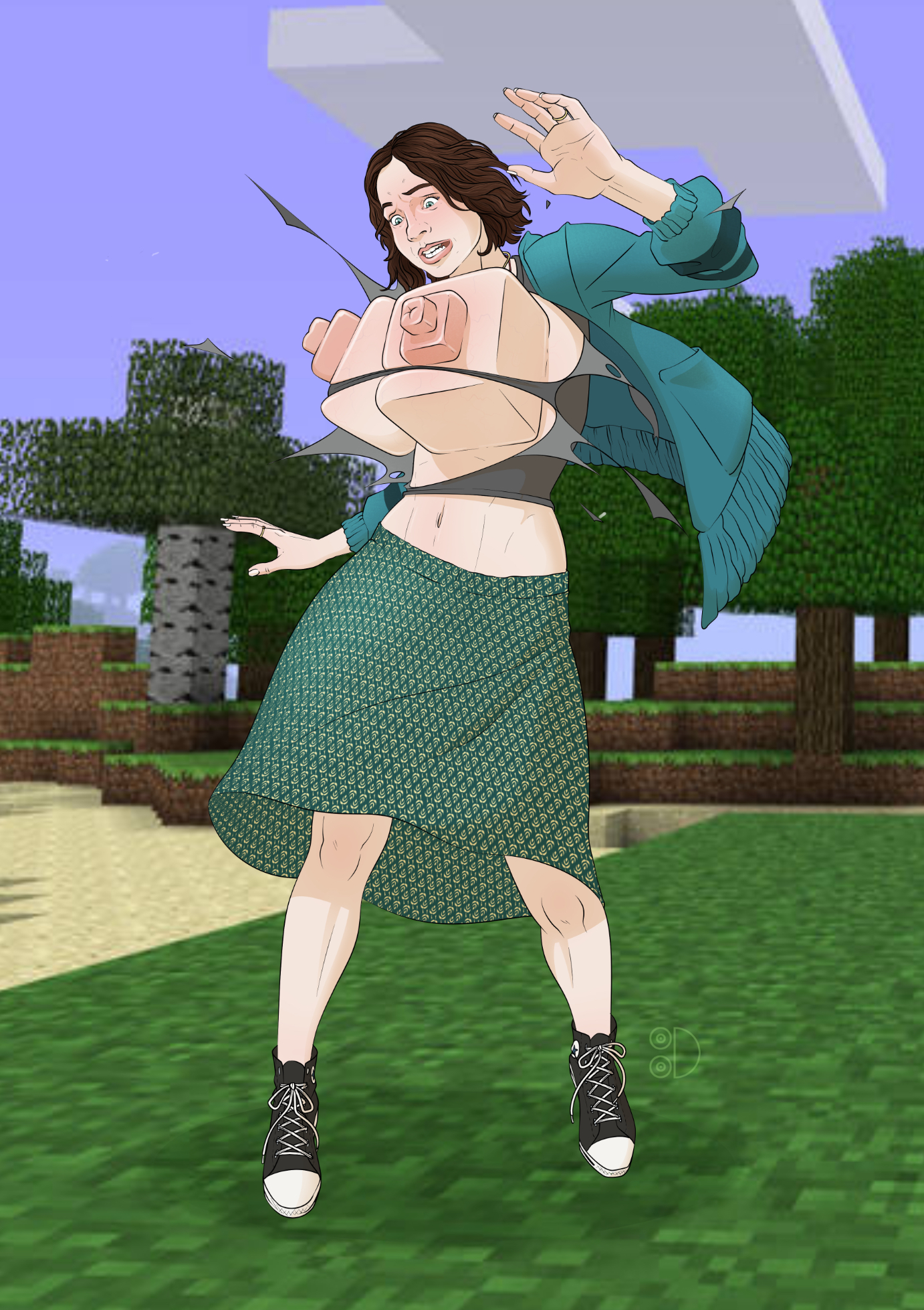 a minecraft movie, belly, body modification, breast expansion, breast growth, breast growth (enlargement), breasts, breasts out, brunette hair, celebrity, cubic breasts, emma myers, female, female focus, female only, minecraft, minecraft background, natalie (a minecraft movie), polygonal breast, real person, shredded clothes, surprised, surprised expression, tittydispenser, torn clothes, torn clothing, torn shirt, transformation, what