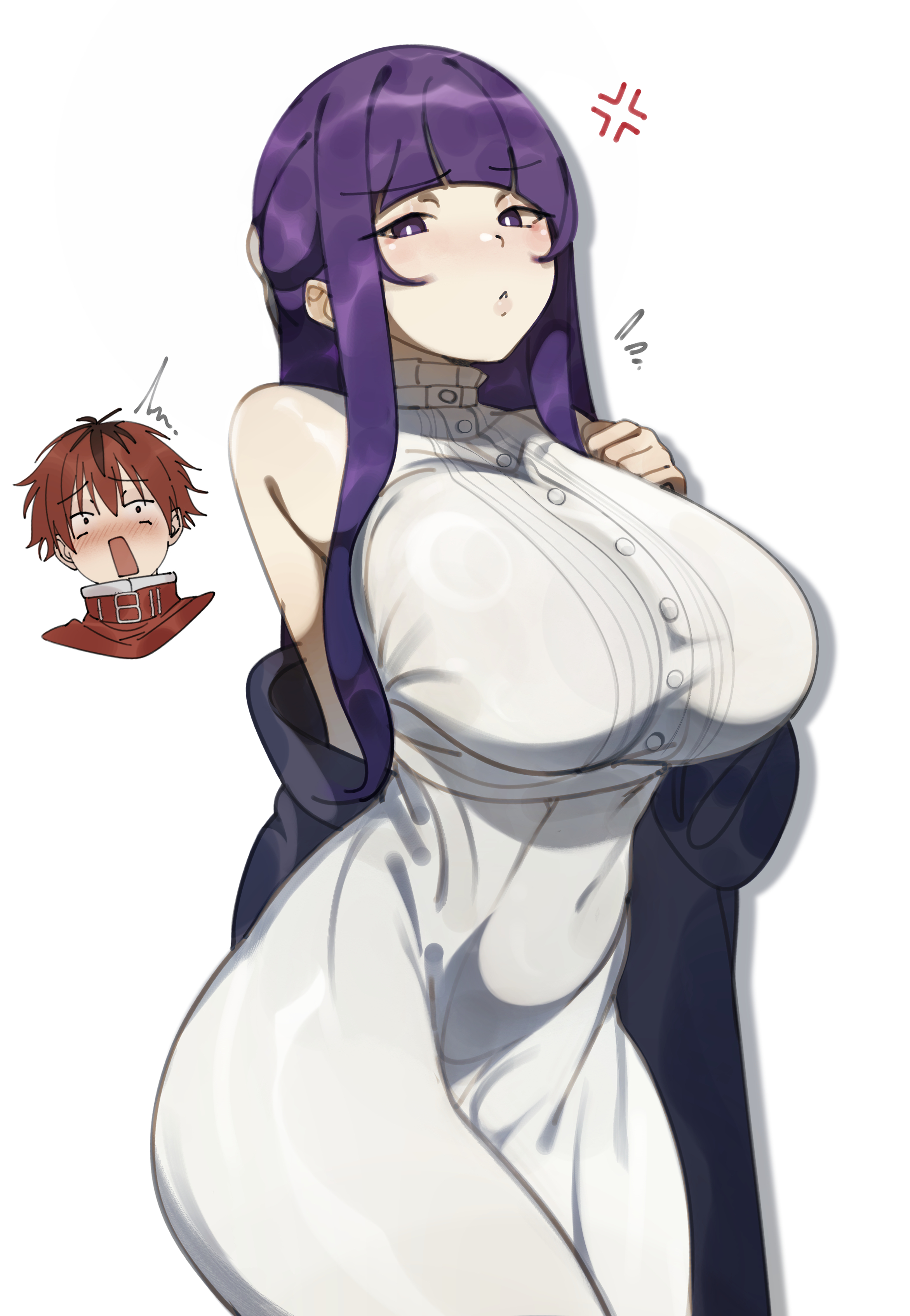 absurdres, anger vein, bare shoulders, black coat, blunt bangs, blush, breasts, coat, deko morii, dress, female, fern (sousou no frieren), highres, large breasts, long hair, long sleeves, looking at viewer, off shoulder, open clothes, open coat, open mouth, pout, purple eyes, purple hair, red hair, short hair, sidelocks, sousou no frieren, stark (sousou no frieren), white dress