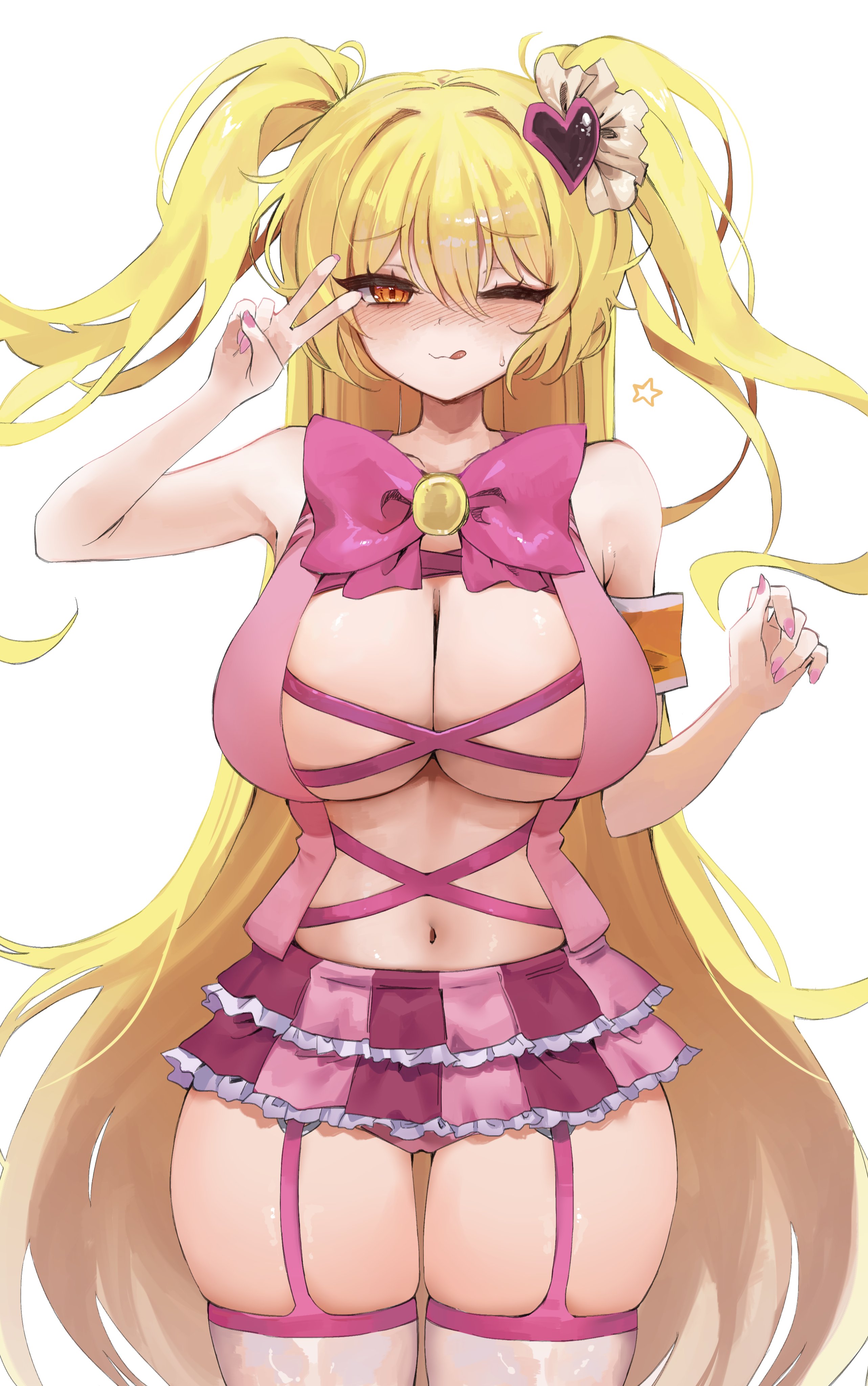blush, breasts, cleavage, don quixote (limbus company), embarrassed, female, huge breasts, licking lips, limbus company, myago, one eye closed, project moon, queen of hatred, queen of hatred (cosplay), skindentation, smile, thick thighs, twintails, v, wide hips