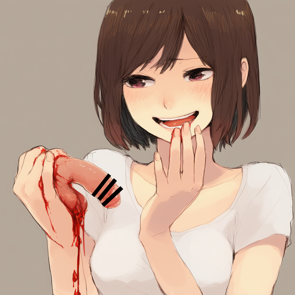 bar_censor bblls blood blush bondage brown_eyes brown_hair castration censored female femdom guro happy holding_severed_penis laughing open_mouth original penis sadism severed_penis shirt short_hair smile standing t-shirt teeth