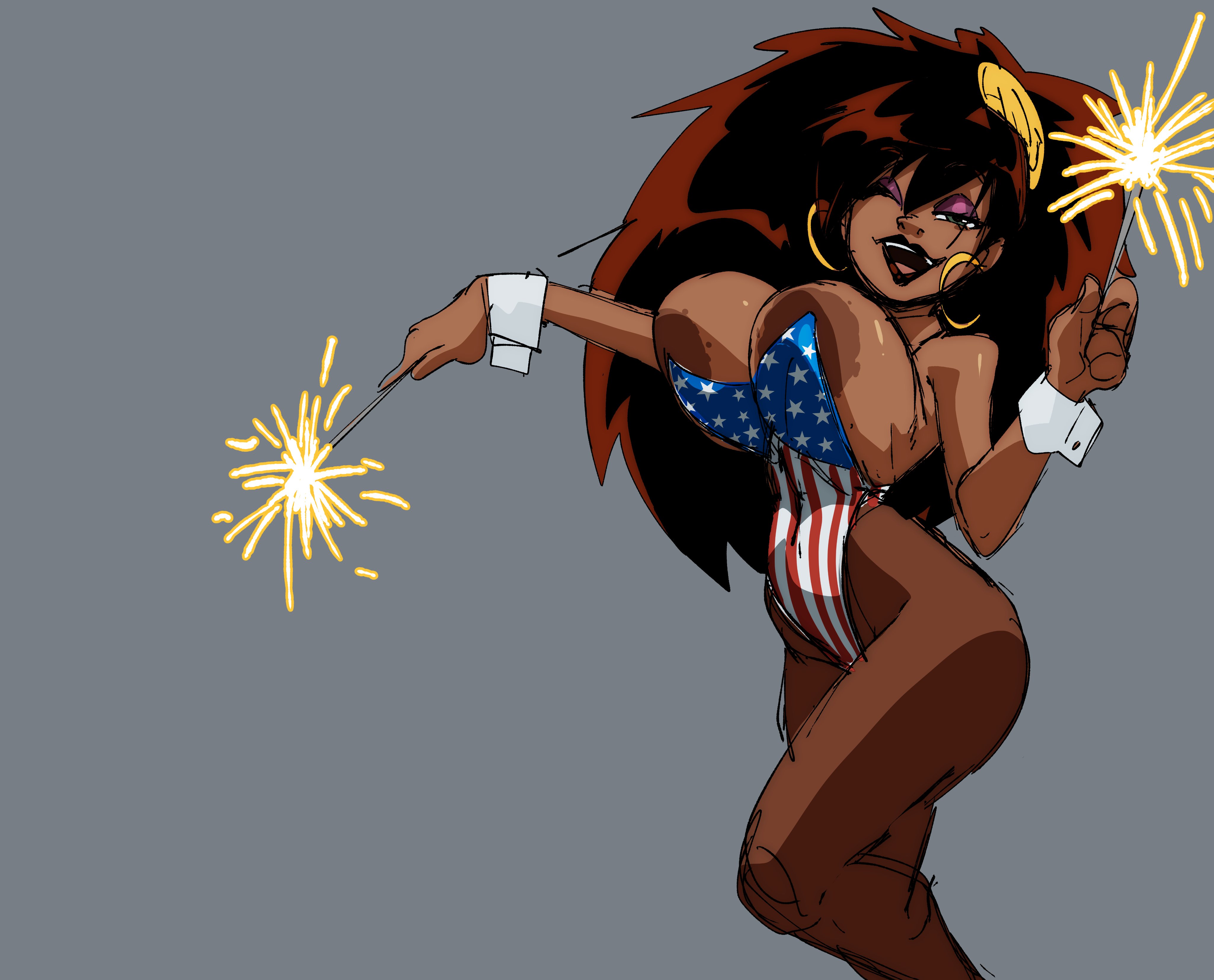 1girls, 4th of july, about to burst, american flag, american flag bikini, american flag bodysuit, american flag print, american flag swimsuit, areolae, barely contained, barely contained breasts, barely fits, big hair, bikini, body bags, bouncing breasts, breasts, breasts too big, brown hair, bunnysuit, bursting breasts, cleavage, clothing, commission, coolerinker, dark skin, dark-skinned female, earrings, eyeshadow, female, fireworks, flag print, flag print bikini, flag print swimsuit, gold hoop earrings, hair ornament, highleg, hoop earrings, hoop earrings oversized, huge breasts, imminent wardrobe malfunction, inconvenient boobs, inconvenient breasts, inker comics, inkershike, jewelry, large areolae, large breasts, leotard, lipstick, long hair, looking at viewer, makeup, one eye closed, open mouth, panda delgado, pantyhose, playboy bunny, print bikini, print swimsuit, purple eyes, sideboob, smile, solo, sparkler, swimsuit, thick thighs, thighs, tight fit, tight swimsuit, tight swimwear, too tight, undersized clothes, undersized clothing, wardrobe malfunction, wrist cuffs