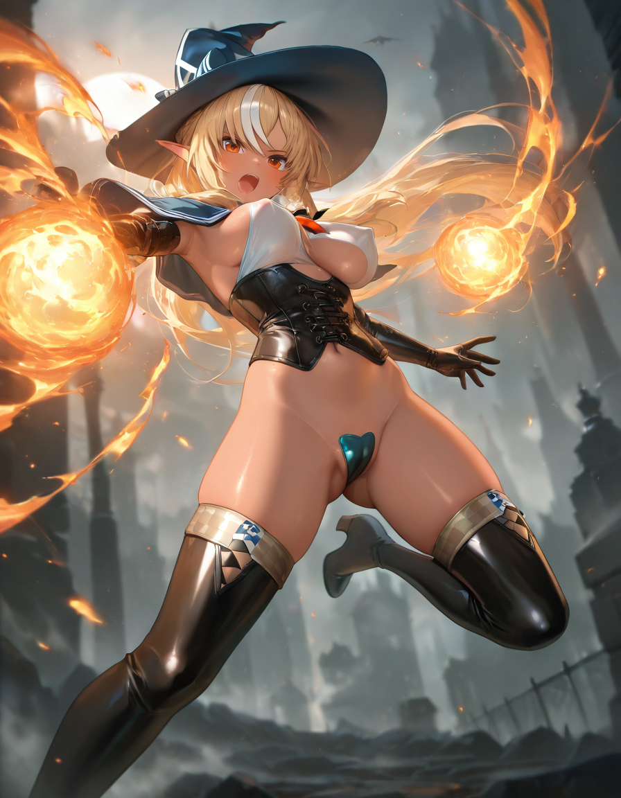 1girls ai_generated armpits blonde_hair breasts cameltoe covered_nipples covered_pussy erect_nipples female fire fireball high_heels hololive hololive_fantasy hololive_japan large_breasts large_hat long_hair nipples pussy pussy_peek red_eyes revealing_clothes shiranui_flare thigh_boots thighs virtual_youtuber wide_hips witch_hat