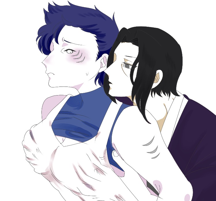 black_hair blue_hair blush breasts female grabbing hoshigaki_kisame long_hair male naruto naruto_shippuden rule_63 short_hair sweat uchiha_itachi