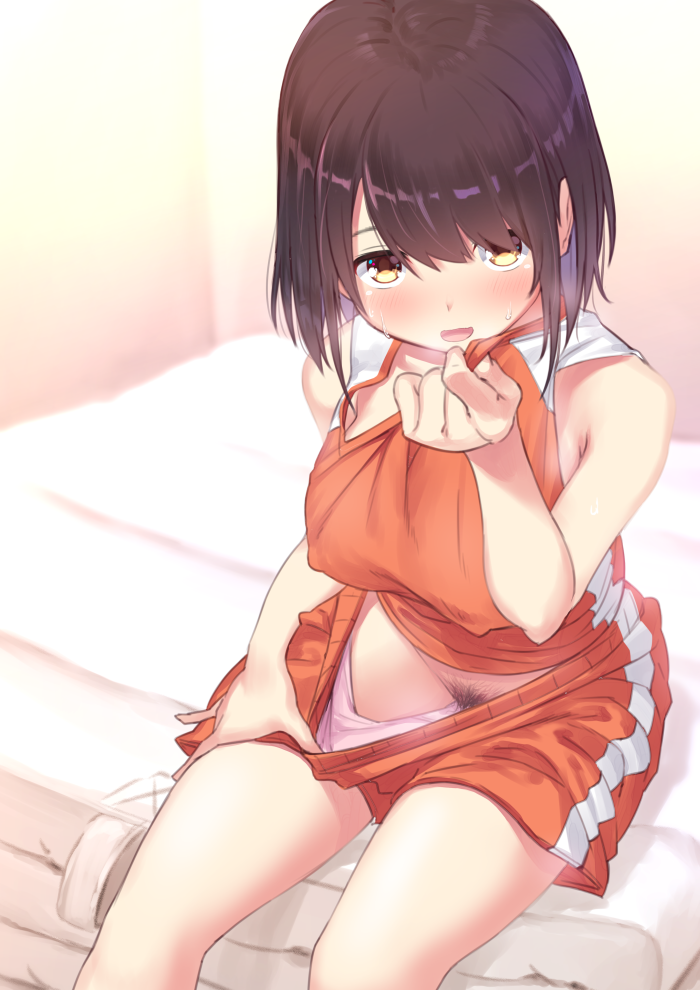 :d bangs bare_arms bare_shoulders blush breasts brown_hair covered_nipples ese_shinshi female gym_shorts gym_storeroom gym_uniform hair_between_eyes hair_over_one_eye indoors large_breasts lifted_by_self looking_at_viewer mat no_bra open_mouth original panties panty_lift pubic_hair shiny shiny_hair shirt shirt_lift shirt_tug short_hair shorts shorts_lift sitting sitting_on_object sleeveless sleeveless_shirt smile solo sweat thighs underwear white_panties yellow_eyes