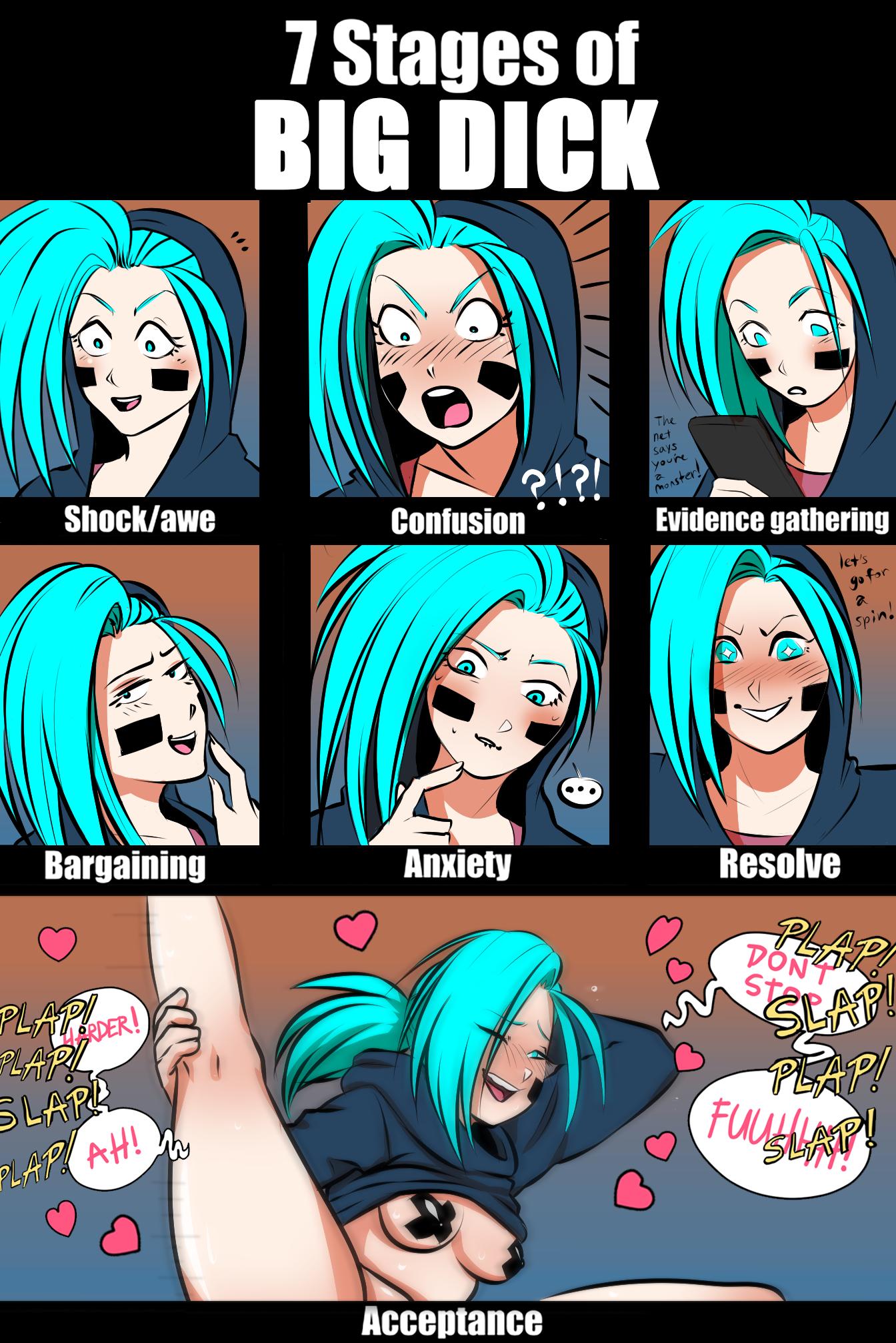 7_stages_of_big_dick biting_lip blue_eyes blue_hair breast_slip comic female hoodie meme nipple_tape out-of-frame_censoring pasties penis_awe penis_shadow pov quu-art reese_chloris rwby