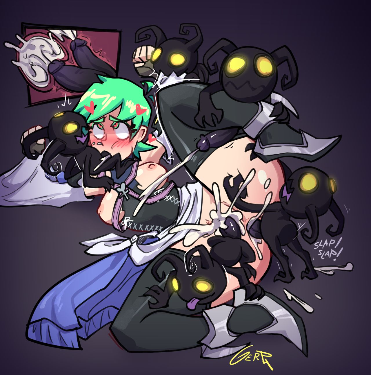 1girls, 5boys, anal, anal penetration, anal sex, anus, aqua (kingdom hearts), ass, blush, breasts, clothing, cosplay, cum, cum in ass, cum in mouth, cum in pussy, cum in uterus, cum inside, cum overflow, fellatio, female, gangbang, gerph, green eyes, green hair, green lipstick, heart, heart-shaped pupils, heartless, interspecies, kingdom hearts, male, mint (skarp world), nipples, nude, nude male, open mouth, oral, oral sex, penetration, penis, pussy, sex, size difference, skarp world, skirt, skirt lift, small dom big sub, smaller male, spread legs, thick thighs, thigh grab, thigh sex, thighhighs, triple penetration, uterus, vagina, vaginal penetration, x-ray