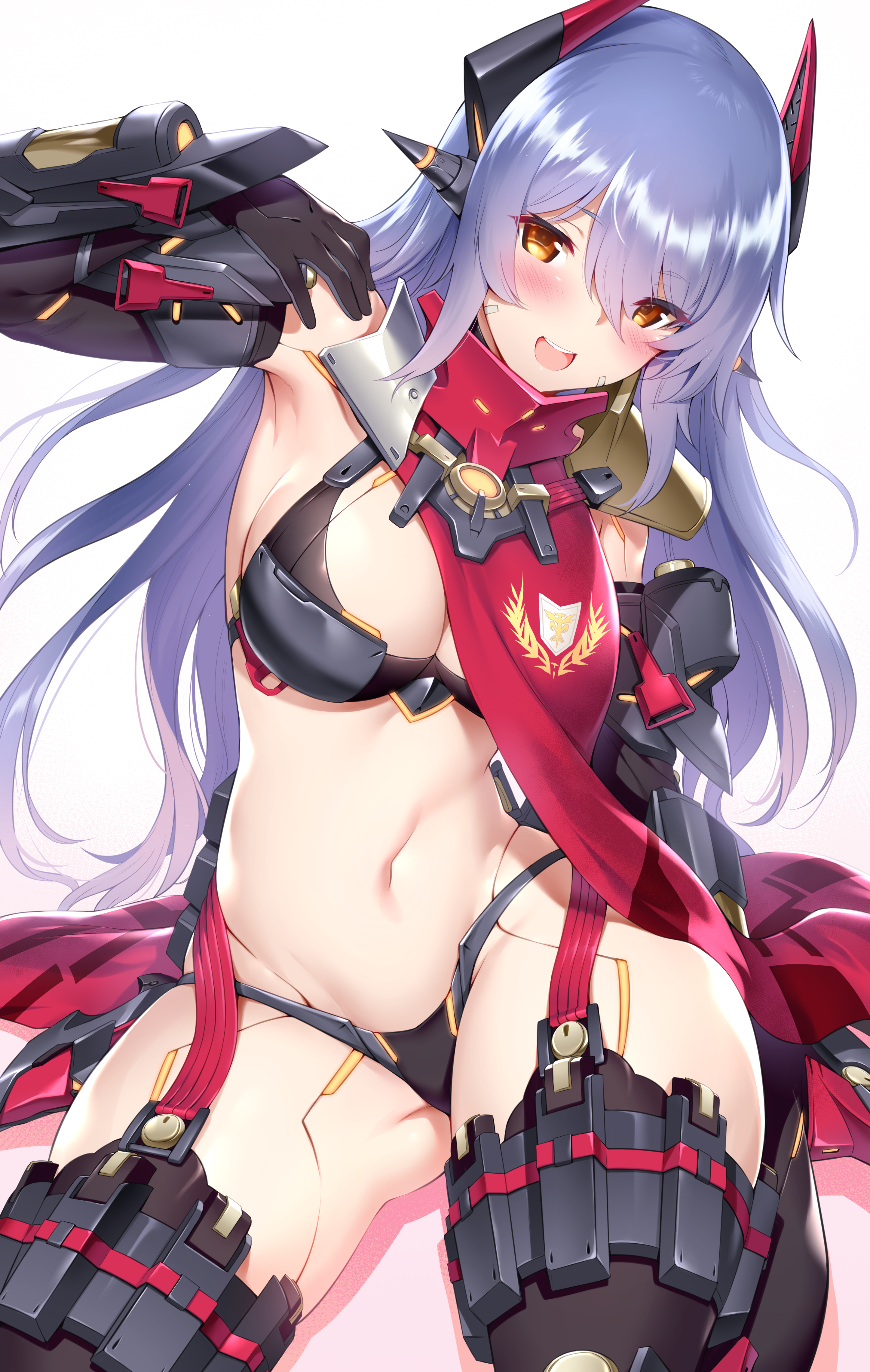 :d, 1girls, absurdres, android, ass visible through thighs, bangs, bikini, black gloves, black legwear, blue hair, blush, breasts, cleavage, cowboy shot, elbow gloves, eyebrows visible through hair, fanbox reward, female, garter straps, gloves, gradient, gradient background, hair between eyes, headgear, highres, large breasts, long hair, looking at viewer, m-da s-tarou, navel, nintendo, open mouth, paid reward, poppi (xenoblade), poppi qtpi (xenoblade), robot joints, scarf, simple background, sketch, smile, solo, spoilers, swimsuit, thighhighs, xenoblade (series), xenoblade chronicles 2, yellow eyes