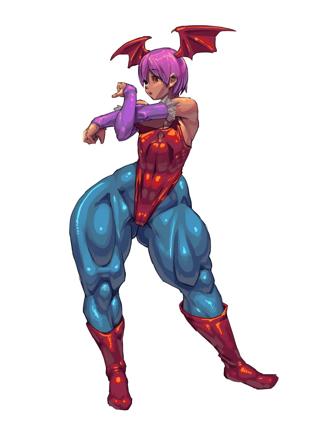 abs, breasts, capcom, clothing, darkstalkers, demon, female, flat chest, head wings, lilith aensland, muscular, muscular female, sashizume soutarou, succubus, thick thighs, thunder thighs, wide hips