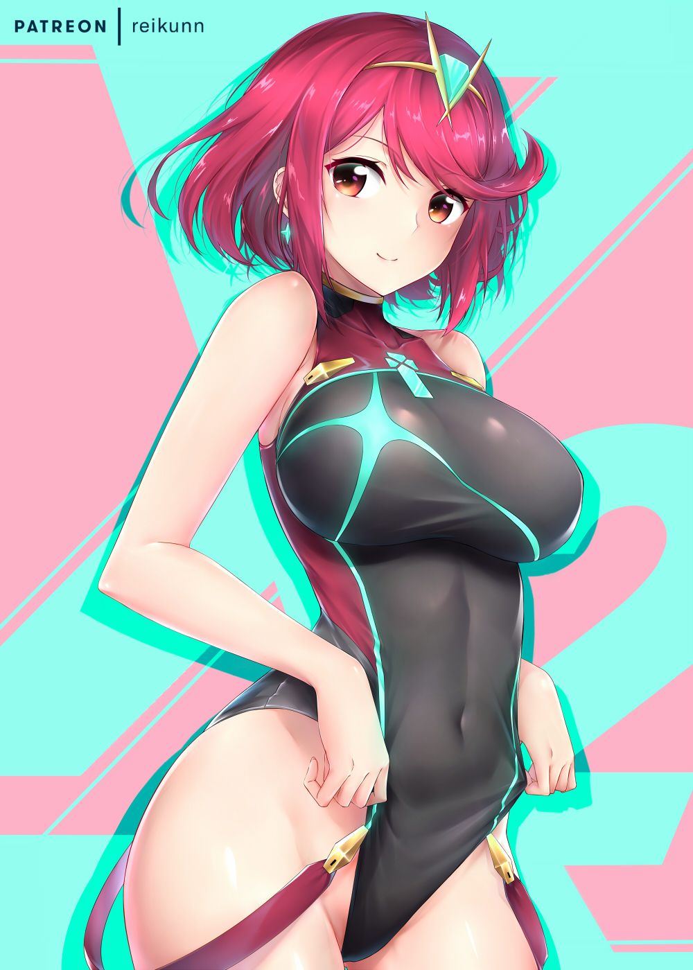 1girls adjusting_clothes adjusting_swimsuit aqua_background bangs black_swimsuit breasts casual_one-piece_swimsuit competition_swimsuit covered_navel cowboy_shot female female_only frontal_wedgie highres horny large_breasts looking_at_viewer nintendo one-piece_swimsuit pyra red_hair rei_kun short_hair solo standing swept_bangs swimsuit tiara turtleneck wedgie xenoblade_(series) xenoblade_chronicles_2