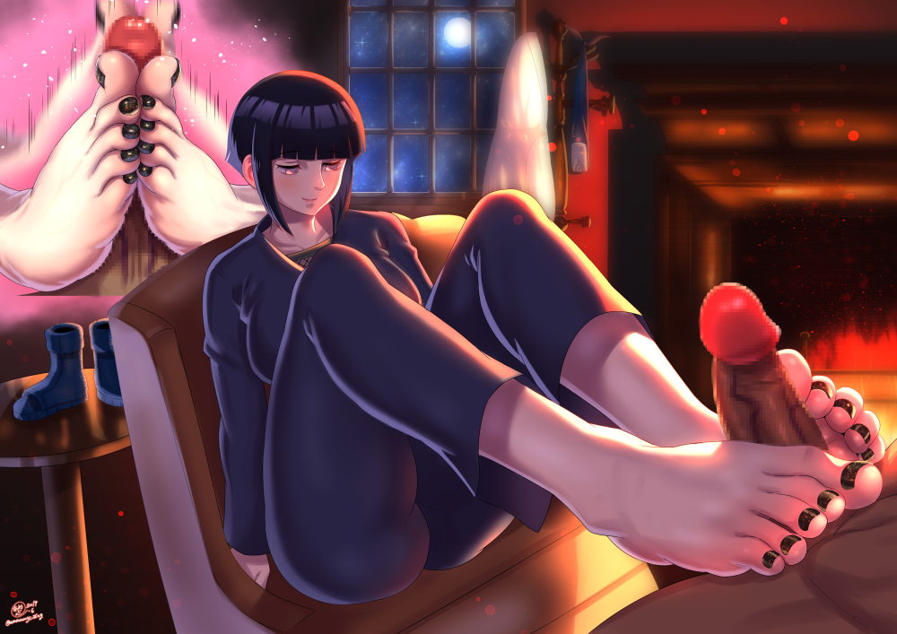 1boy, 1girls, amaaay zing, ass, barefoot, big feet, black hair, black nail polish, black nails, black toenail polish, black toenails, blind, boruto: naruto next generations, breasts, censored, clothed, clothed female nude male, dark skin, dark-skinned male, feet, female, footjob, half-closed eyes, hyuuga hinata, hyuuga hinata (genin), interracial, male, mosaic censoring, motion blur, nail polish, naruto, naruto (classic), naruto (series), naruto shippuden, nude, painted nails, painted toenails, penis, shoes removed, small penis, straight, text, thick thighs, toenail polish, toes, watermark, wide hips