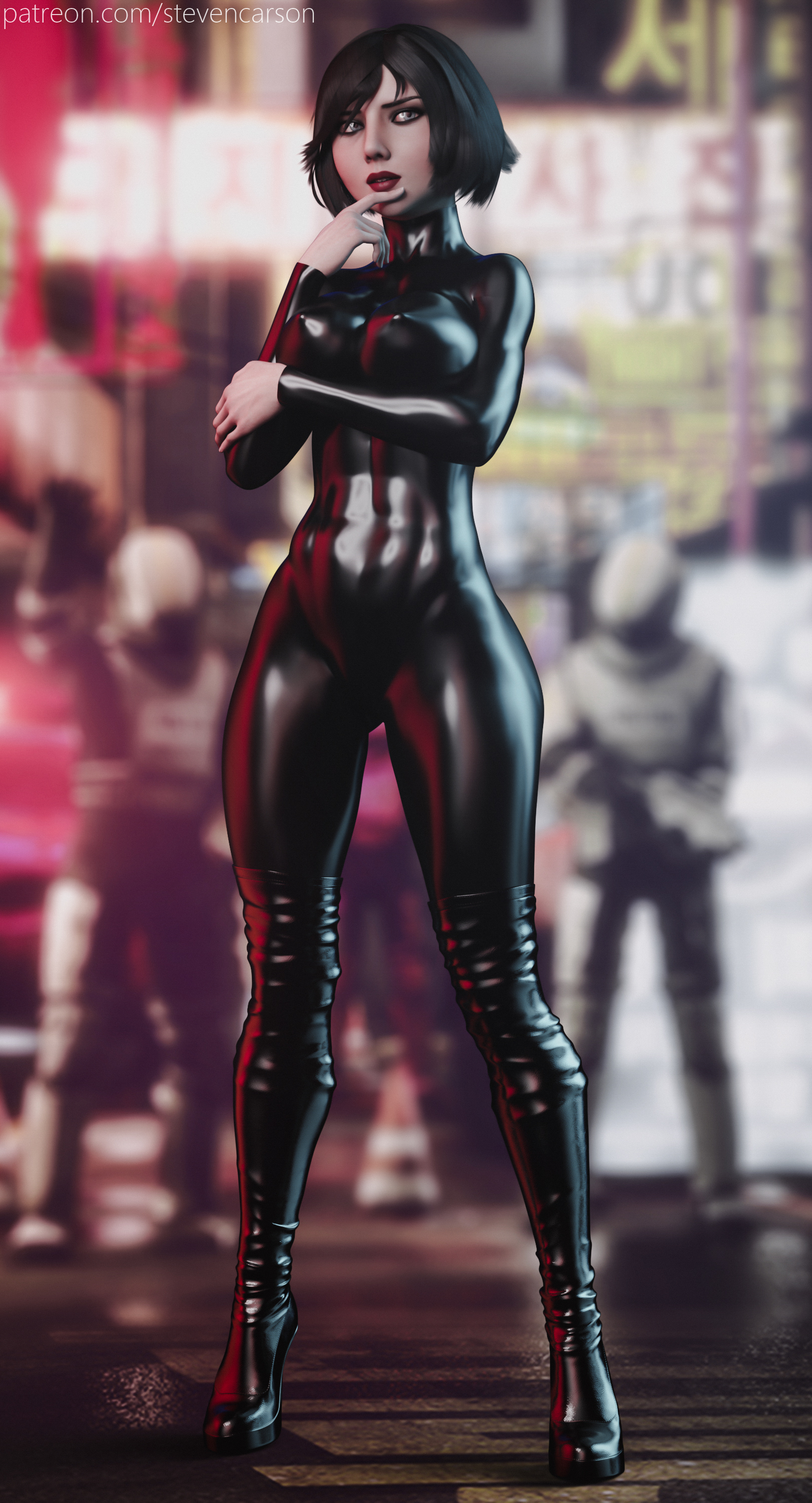 1girls, 3d, big breasts, bioshock, bioshock infinite, black hair, bodysuit, boots, breasts, elizabeth comstock, female, female only, latex, latex suit, solo, spread legs, standing, stevencarson, thigh boots, tight clothing