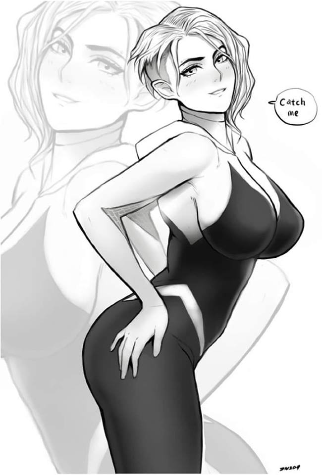 1girls, ass, big breasts, breasts, clothed, eyebrow piercing, female, female only, gwen stacy, gwen stacy (spider-verse), huge breasts, human, marvel, marvel comics, monochrome, solo, spider-gwen, spider-man (series), spider-man: into the spider-verse, superhero, superhero costume, superheroine, text, zoom layer
