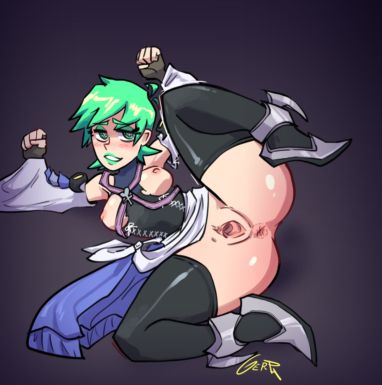 breasts, female, gerph, green eyes, green hair, green lipstick, mint (skarp world), skarp world, tagme
