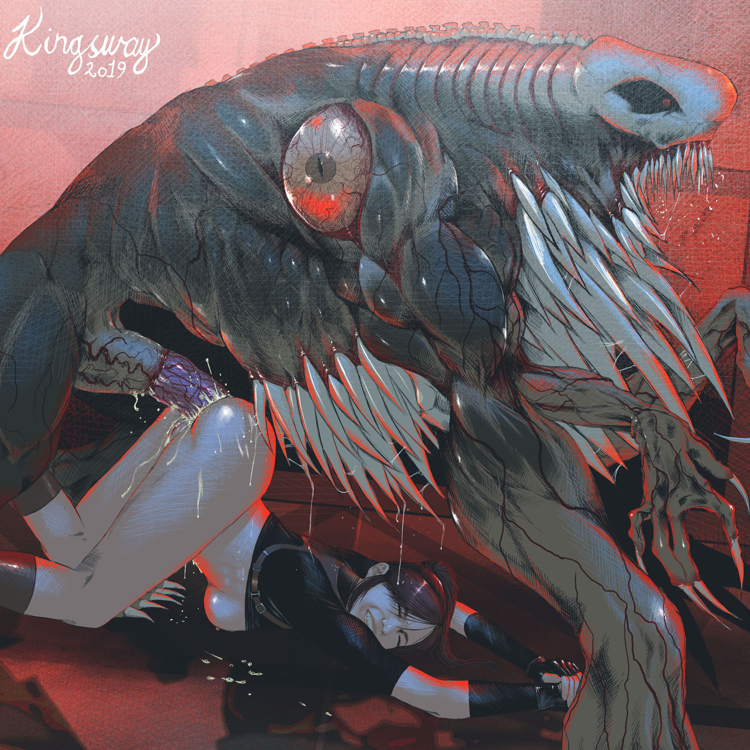 1girls, 1monster, anal, anal insertion, anal penetration, anal sex, ass, biohazard, breasts, brown hair, capcom, claire redfield, clenched teeth, closed eyes, clothing, cum, cum in ass, cum inside, endured face, female, from behind, interspecies, kingsway, long hair, male, monster, monster on female, penetration, penis, pussy, resident evil, resident evil 2, shirt, shirt lift, size difference, spread legs, teratophilia, william birkin
