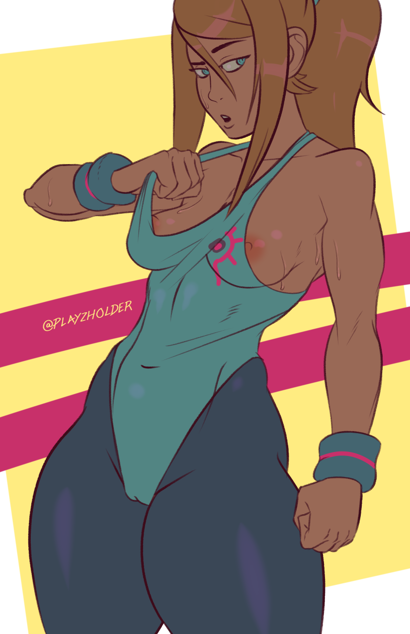 1girls, areolae, artist name, blonde hair, blue eyes, breasts, cameltoe, clothing, female, female only, leotard, metroid, muscular, muscular female, nintendo, nipples, playzholder, pussy, samus aran, solo, sportswear, sweat, sweatdrop, video games, watermark
