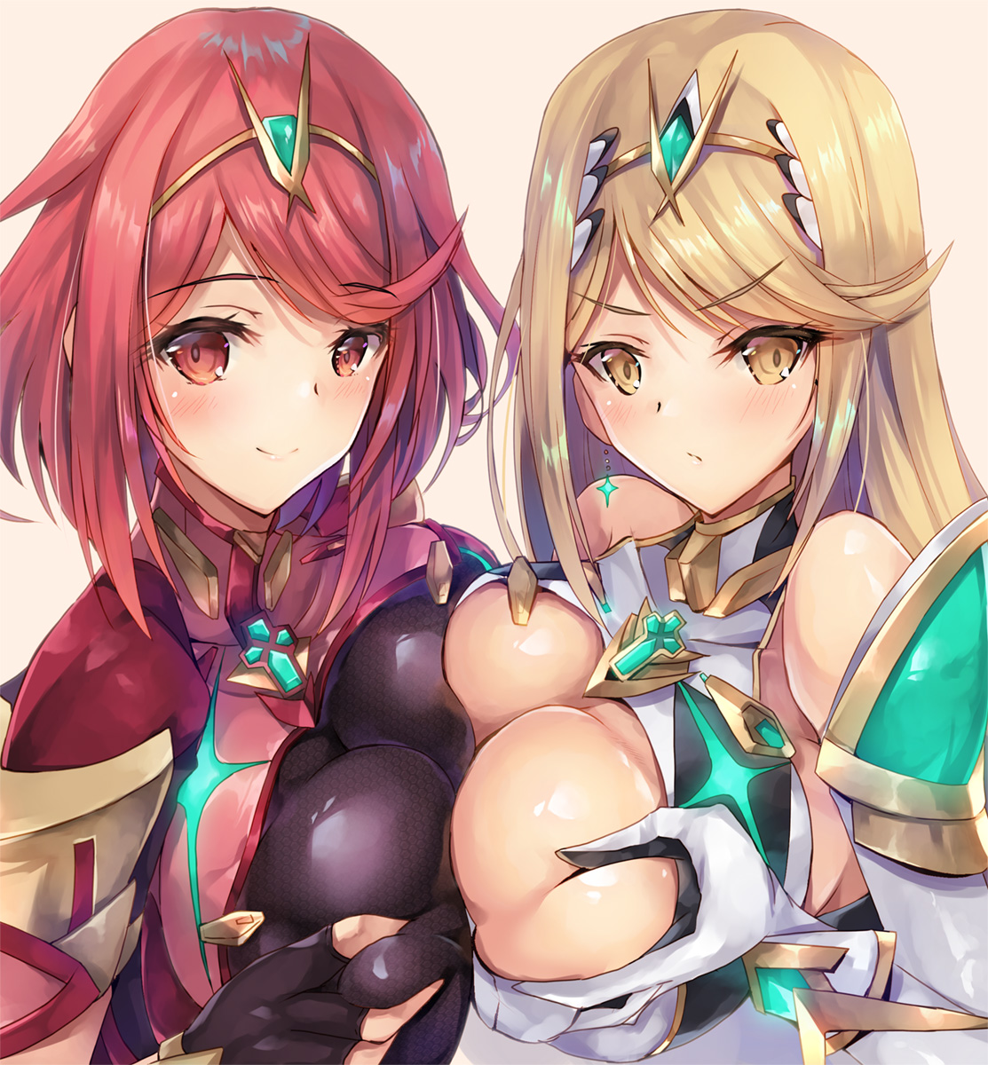 2girls, bangs, bare shoulders, blonde hair, blush, breast grab, breast press, breasts, breasts to breasts, cleavage, deep skin, earrings, elbow gloves, female, female only, gem, gloves, grabbing, hair ornament, headpiece, highres, hinot, inoue takuya (pixiv 99697), jewelry, large breasts, long hair, looking at viewer, multiple females, multiple girls, mythra, nintendo, pyra, red eyes, red hair, short hair, simple background, smile, staring, swept bangs, symmetrical docking, tiara, very long hair, xenoblade (series), xenoblade chronicles 2, yellow eyes