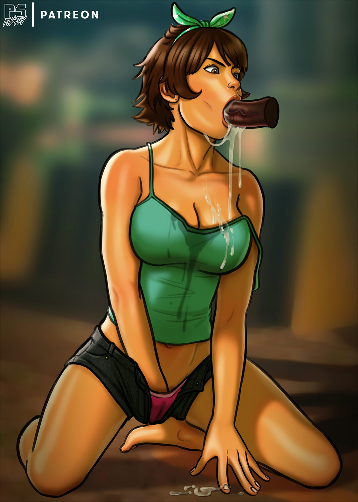 1girls, bandana, barefoot, breasts, brown eyes, brown hair, clavicle, cleavage, cum, cum drip, cum in mouth, cum inside, cum on breasts, cum on clothes, cum on shirt, cum on upper body, cum pool, cum puddle, dark skin, dark-skinned male, disembodied penis, fellatio, female, fingering, hairbow, human, interracial, josie rizal, kneeling, male, masturbating during fellatio, masturbation, midriff, navel, offscreen character, offscreen male, on knees, oral, panties, penis, pink panties, pink underwear, pumpkinsinclair, shirt, short hair, short shorts, shorts, tank top, tekken, tekken 7, unseen male face