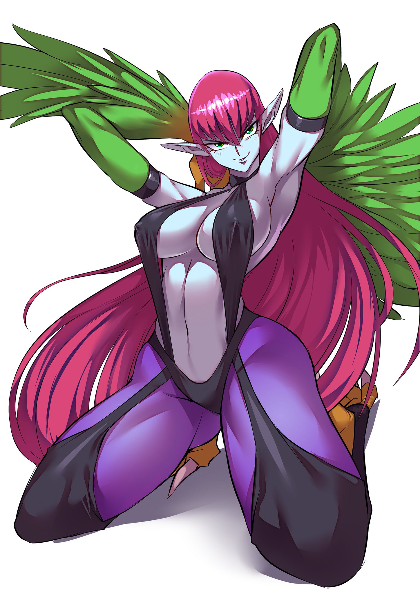1girls, abs, alternate color, armpits, blue skin, breasts, cleavage, curvy, duel monster, erect nipples, female, green eyes, harpie lady, harpy, huge breasts, kneeling, long hair, looking at viewer, monster girl, nipples, plain background, simple background, white background, yu-gi-oh!, yu-gi-oh! duel monsters