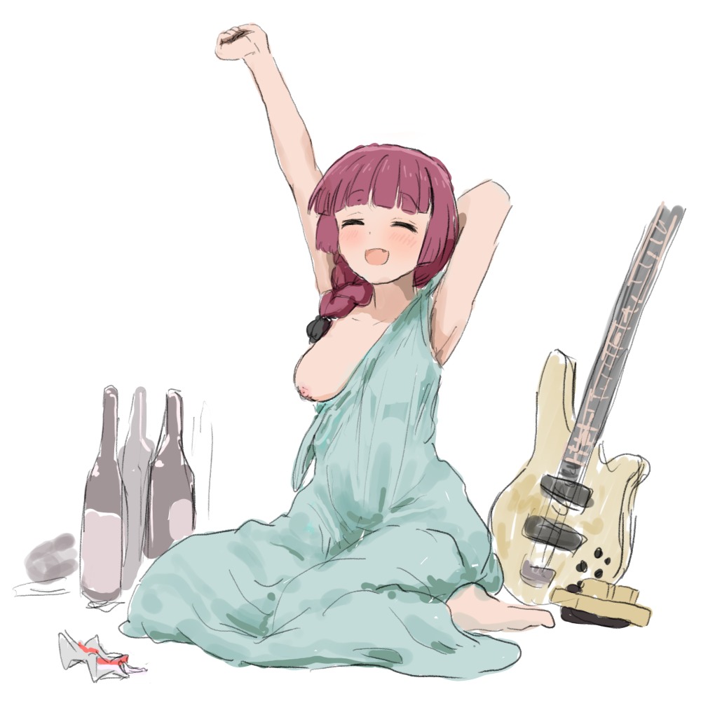 1girls armpit arms_up artist_request blush bocchi_the_rock! boob_out breast_slip closed_eyes dress feet female hiroi_kikuri nipple_slip oblivious one_breast_out solo_female stretching wardrobe_malfunction