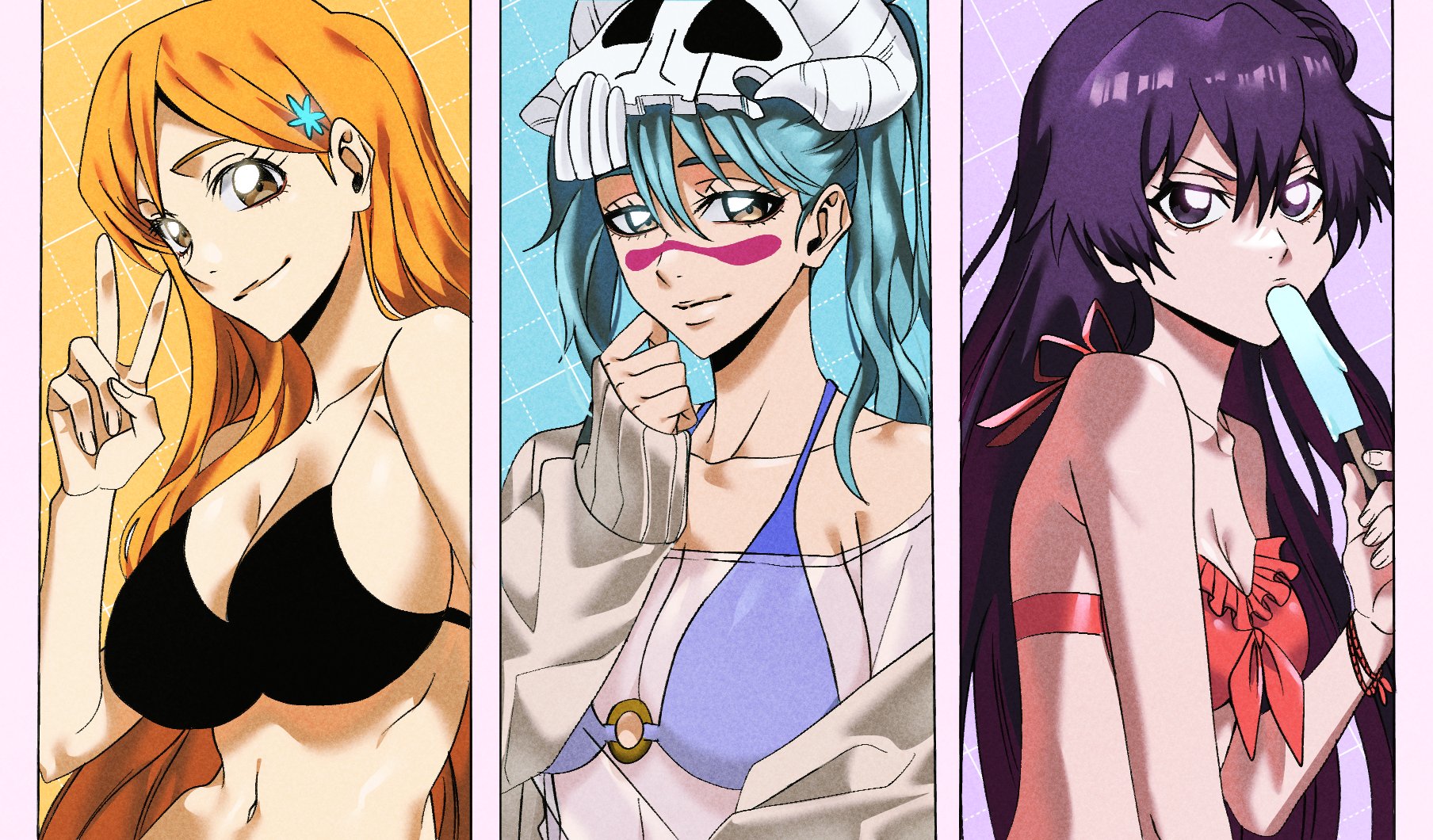 3girls, bambietta basterbine, big breasts, bikini, bikini top, black hair, bleach, bleach brave souls, breasts, cleavage, female, female only, green hair, inoue orihime, looking at viewer, nauki 11, nelliel tu odelschwanck, orange hair, popsicle, see-through, see-through clothing, skull hair ornament, swimsuit