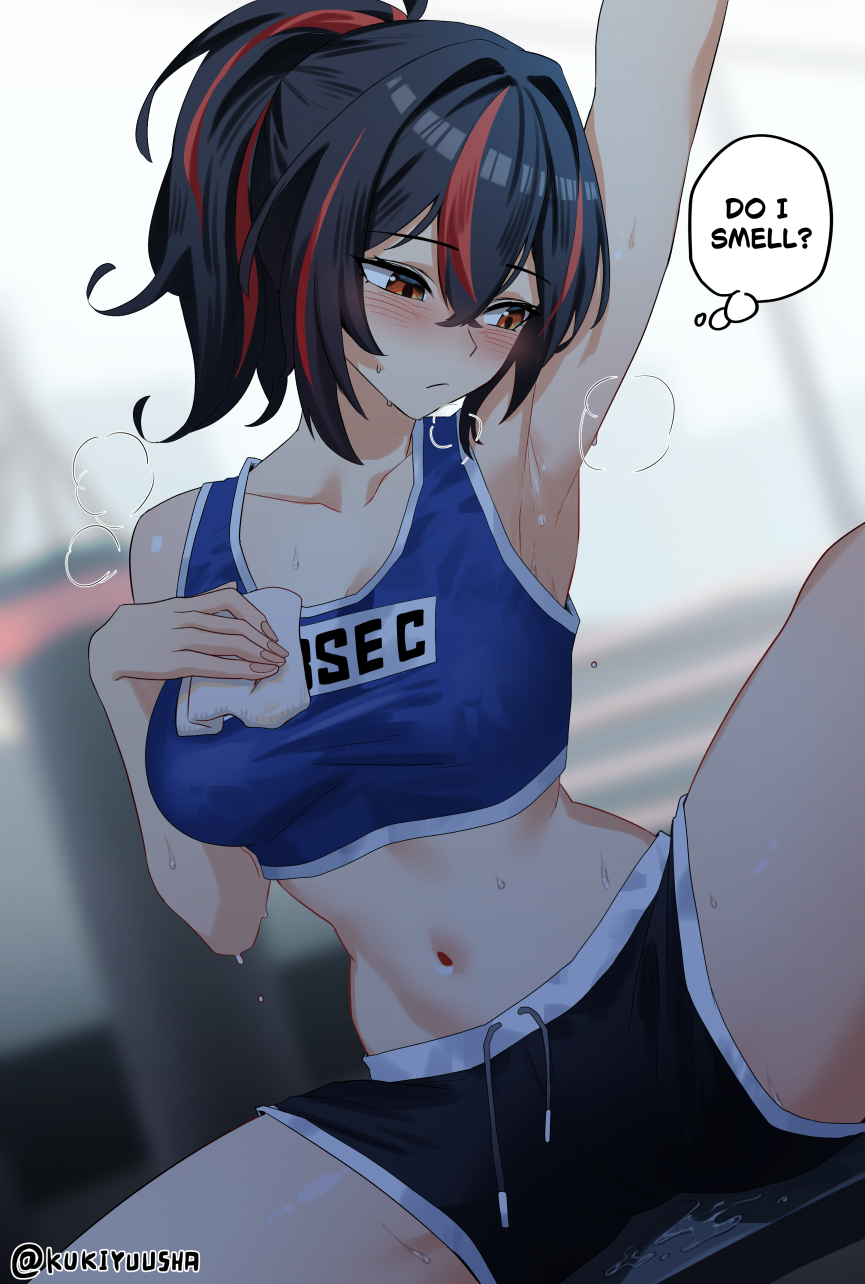 1girls armpits artist_name athletic black_hair blurry_background blush breasts crop_top drawstring english_text gym_clothes hi_res kukiyuusha medium_breasts medium_hair midriff multicolored_hair navel nipple_bulge orange_eyes orange_hair ponytail revealing_clothes shorts sitting solo sportswear spread_legs sweat sweaty talking talking_to_viewer text zenless_zone_zero zhu_yuan