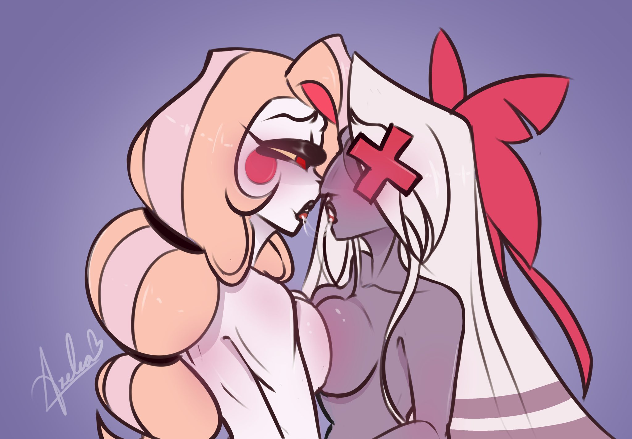 2girls, angel, blonde female, blonde hair, blush, breast press, breasts, canon couple, charlie morningstar (hazbin hotel), demon, duo, female, female only, female/female, hair, hazbin hotel, lesbian couple, lesbian kiss, multiple females, multiple girls, nude, nude female, open mouth, purple body, red eyes, saliva, simple background, standing, teeth, tongue, vaggie (hazbin hotel), white hair, white-haired female, wickedazelea, yuri