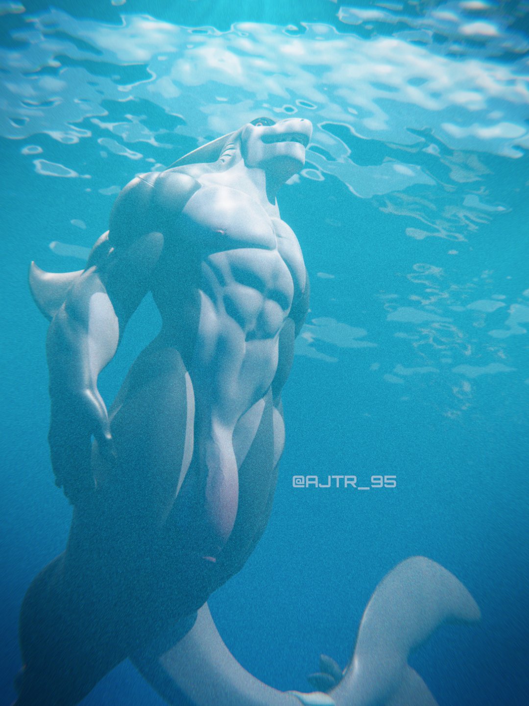 3d_(artwork) abs aj_racer95 ajtr_95 anthro balls big_balls big_muscles big_pecs big_penis digital_media_(artwork) fish fully_submerged genitals grey_body hi_res humanoid_genitalia humanoid_penis male marine multicolored_body muscular muscular_anthro muscular_male nipples nude pecs penis shark signature solo swimming underwater water white_body